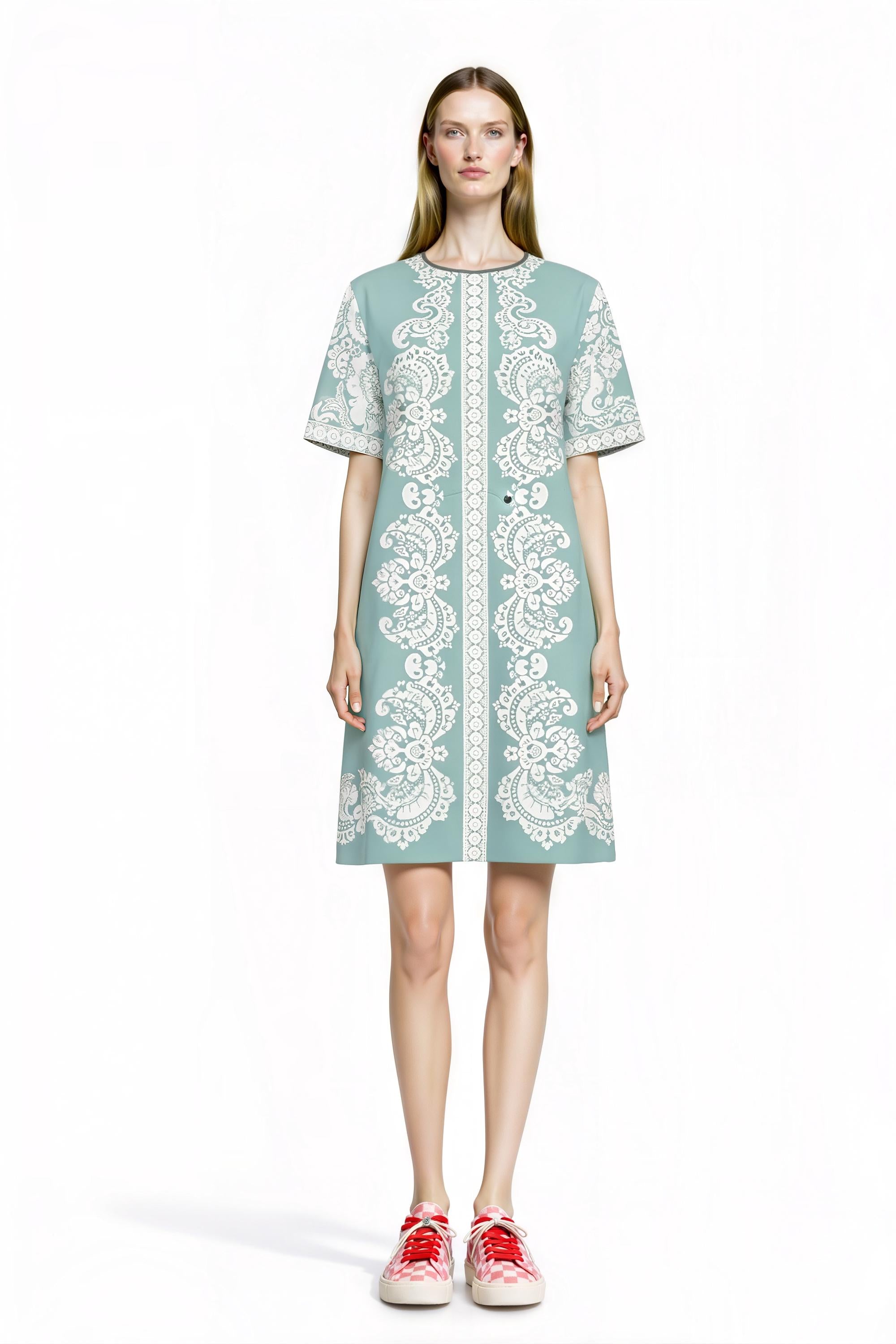 Dusty Blue T-Shirt Dress, Ivory Scarf Print Mini, Vintage Inspired Summer Casual Outfit