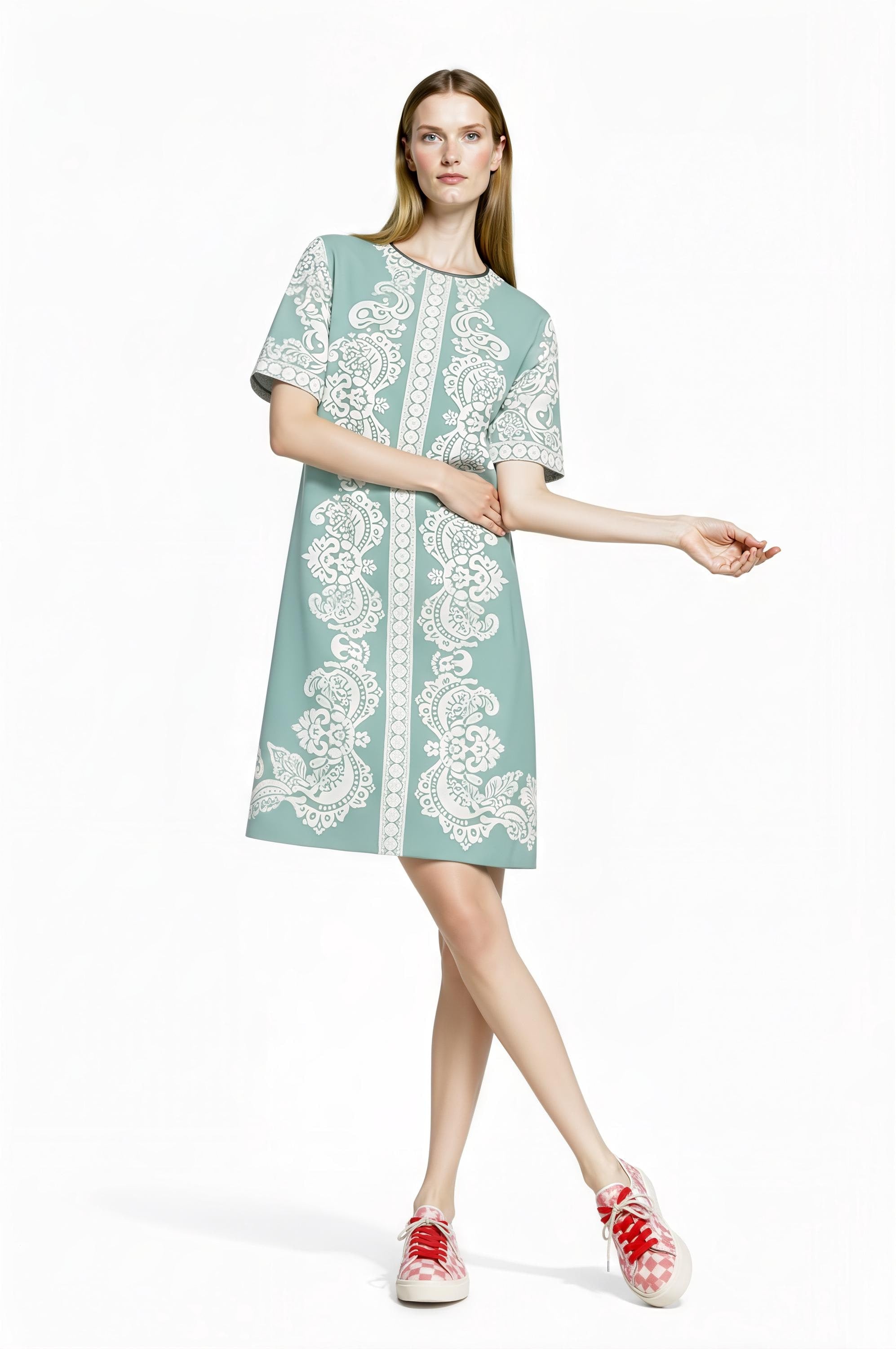 Dusty Blue T-Shirt Dress, Ivory Scarf Print Mini, Vintage Inspired Summer Casual Outfit