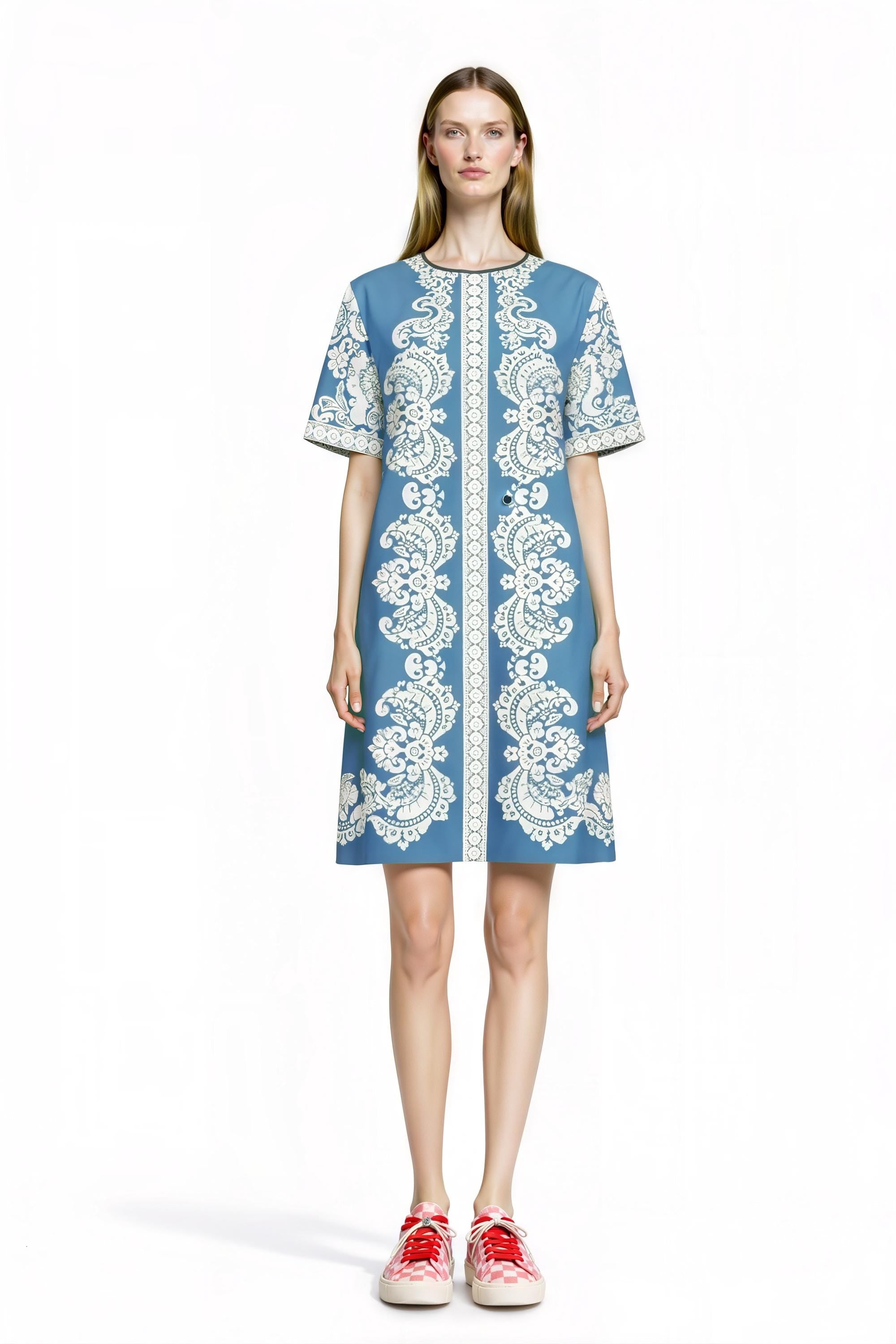Dusty Blue T-Shirt Dress, Ivory Scarf Print Mini, Vintage Inspired Summer Casual Outfit