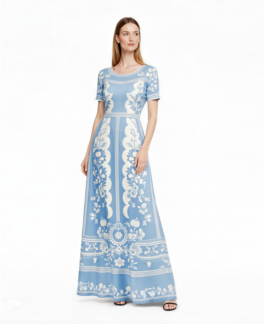 May include: A light blue maxi dress with a white floral pattern. The dress features short sleeves, a round neckline, and a fitted waist. The floral design is repeated throughout the dress, creating a cohesive and elegant look. The dress is floor-length.