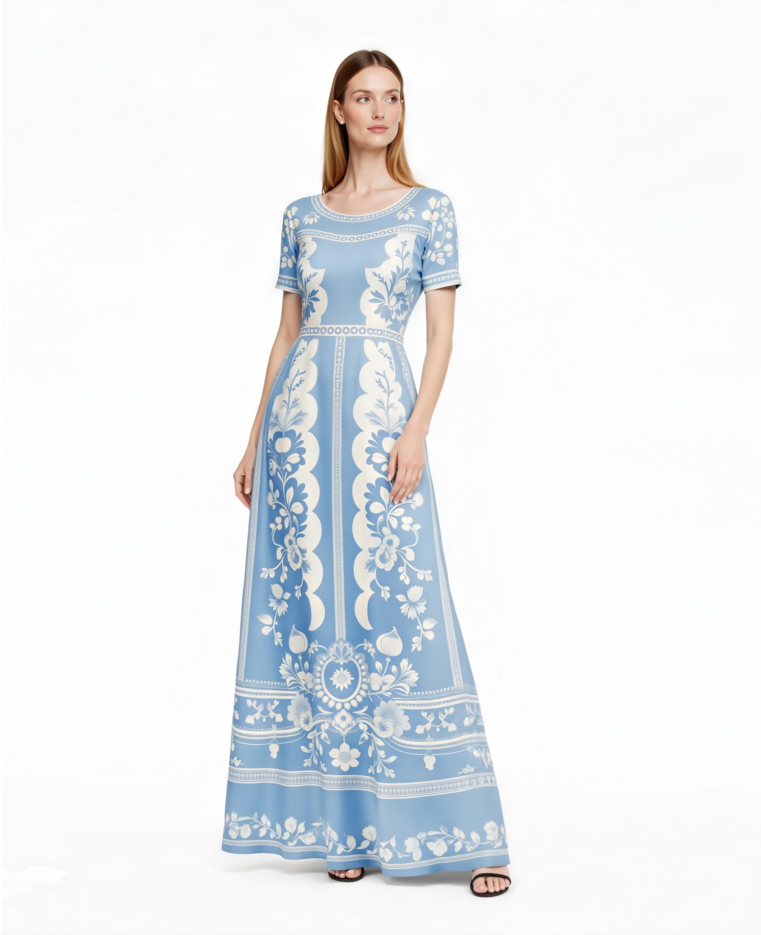 May include: A light blue maxi dress with a white floral pattern. The dress features short sleeves, a round neckline, and a fitted waist. The floral design is repeated throughout the dress, creating a cohesive and elegant look. The dress is floor-length.