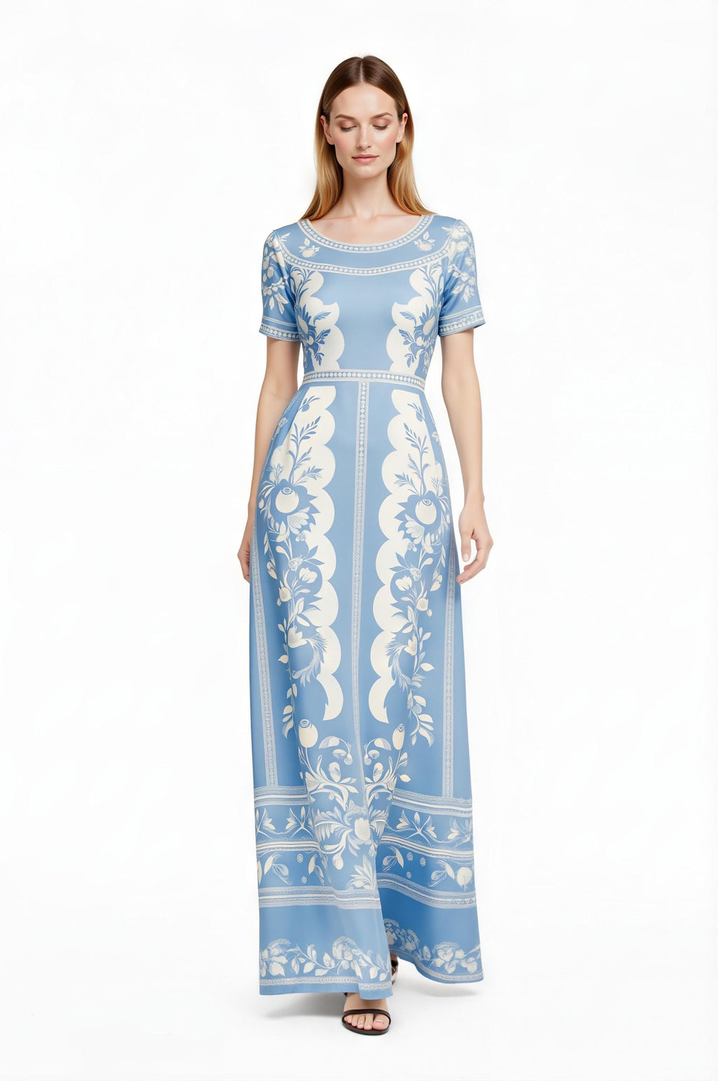 Floral Maxi Dress, Blue White Vintage Dress, European Style Long Summer Outfit