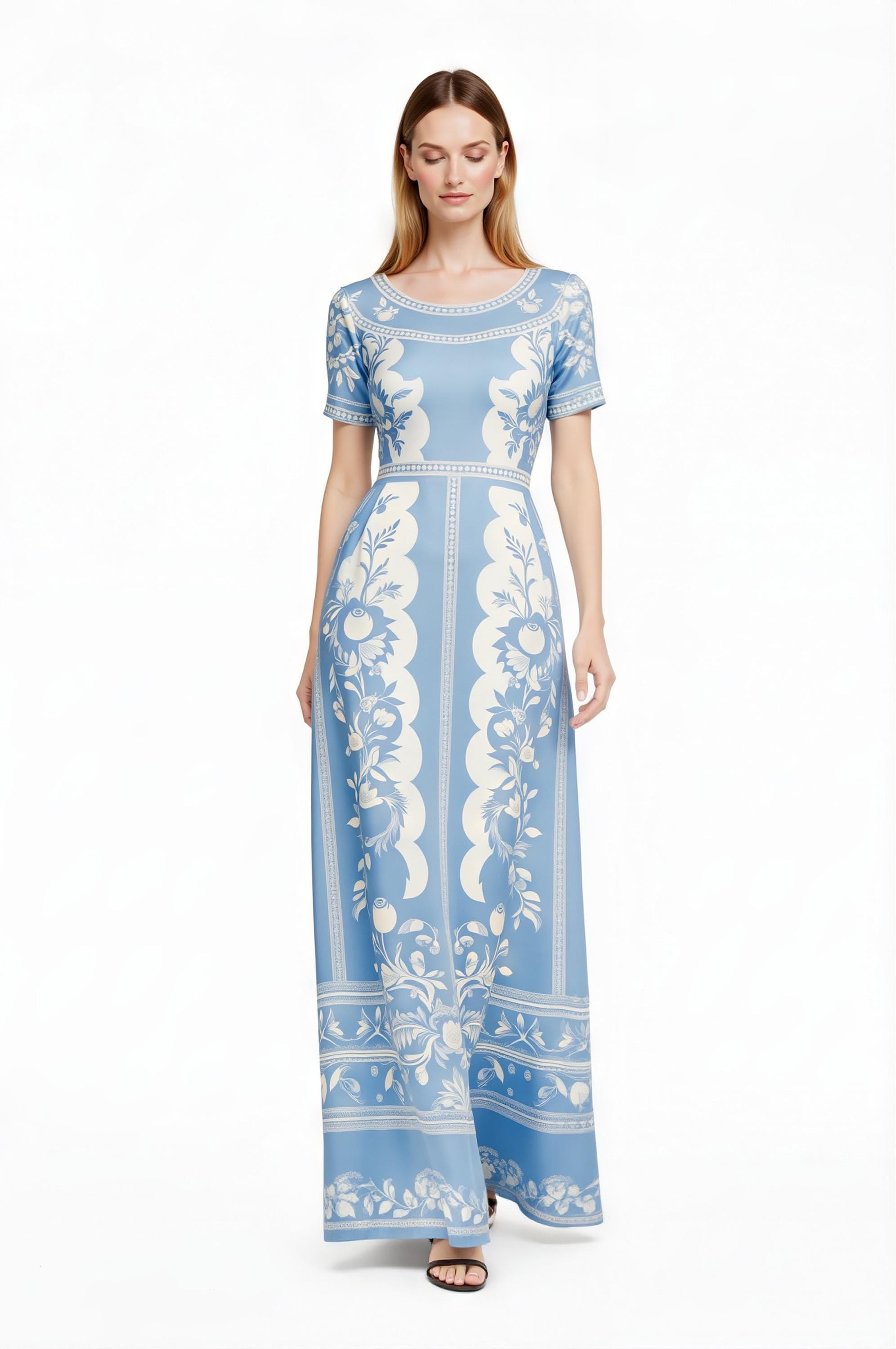 Floral Maxi Dress, Blue White Vintage Dress, European Style Long Summer Outfit