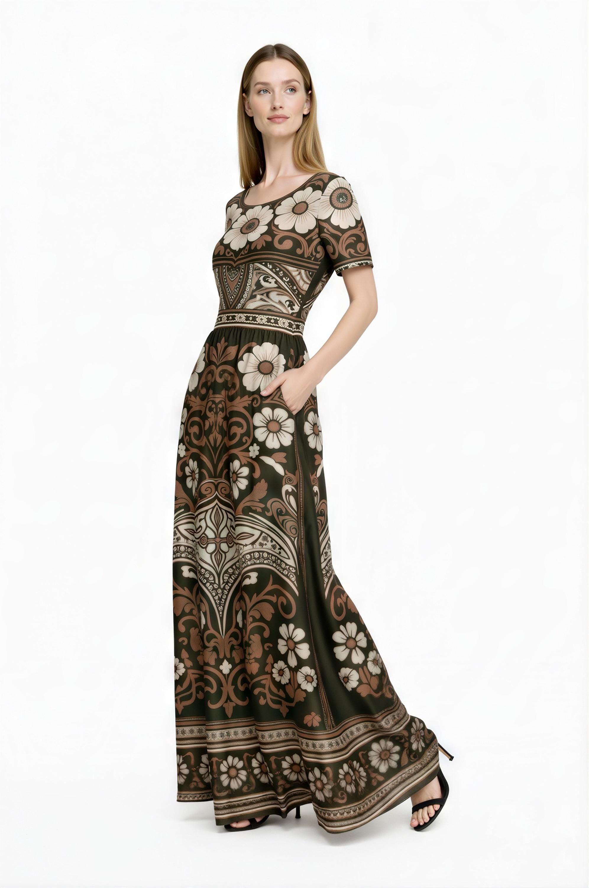 Floral Maxi Dress, Boho Vintage Long Dress, Brown Ivory Summer Outfit