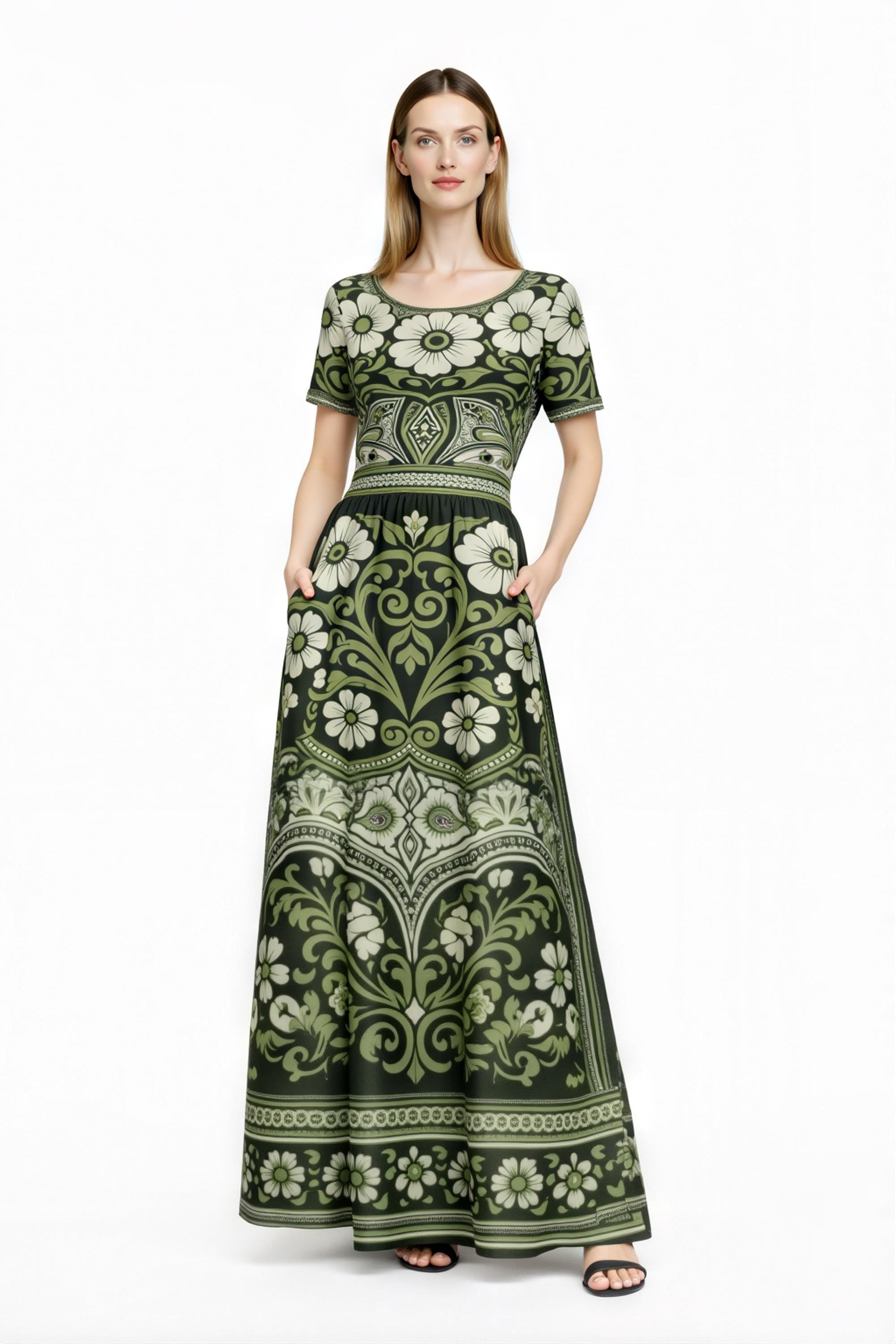 Floral Maxi Dress, Boho Vintage Long Dress, Brown Ivory Summer Outfit