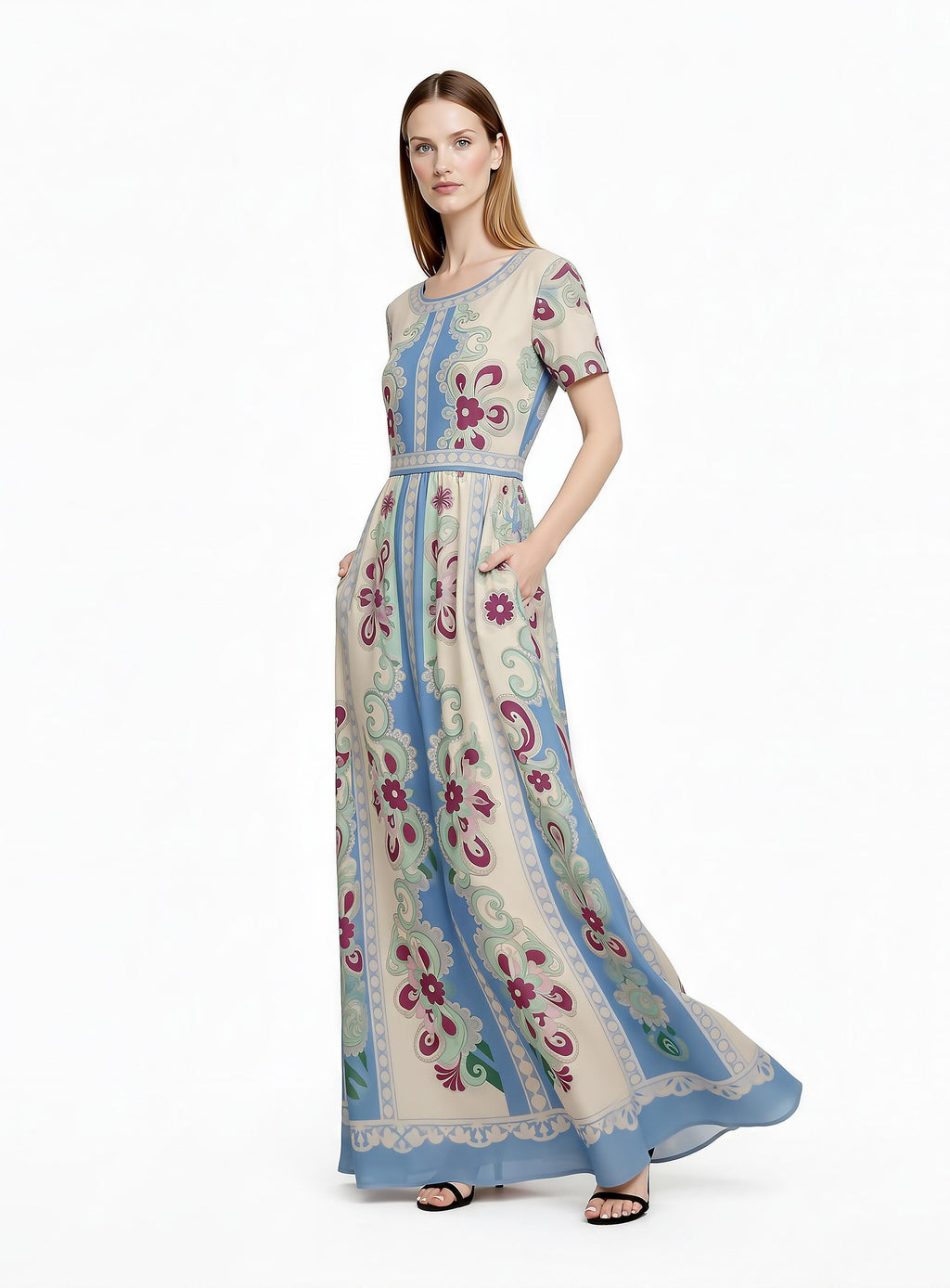 Floral Maxi Dress, Romantic Folk Print, Short Sleeve, Feminine Boutique Style
