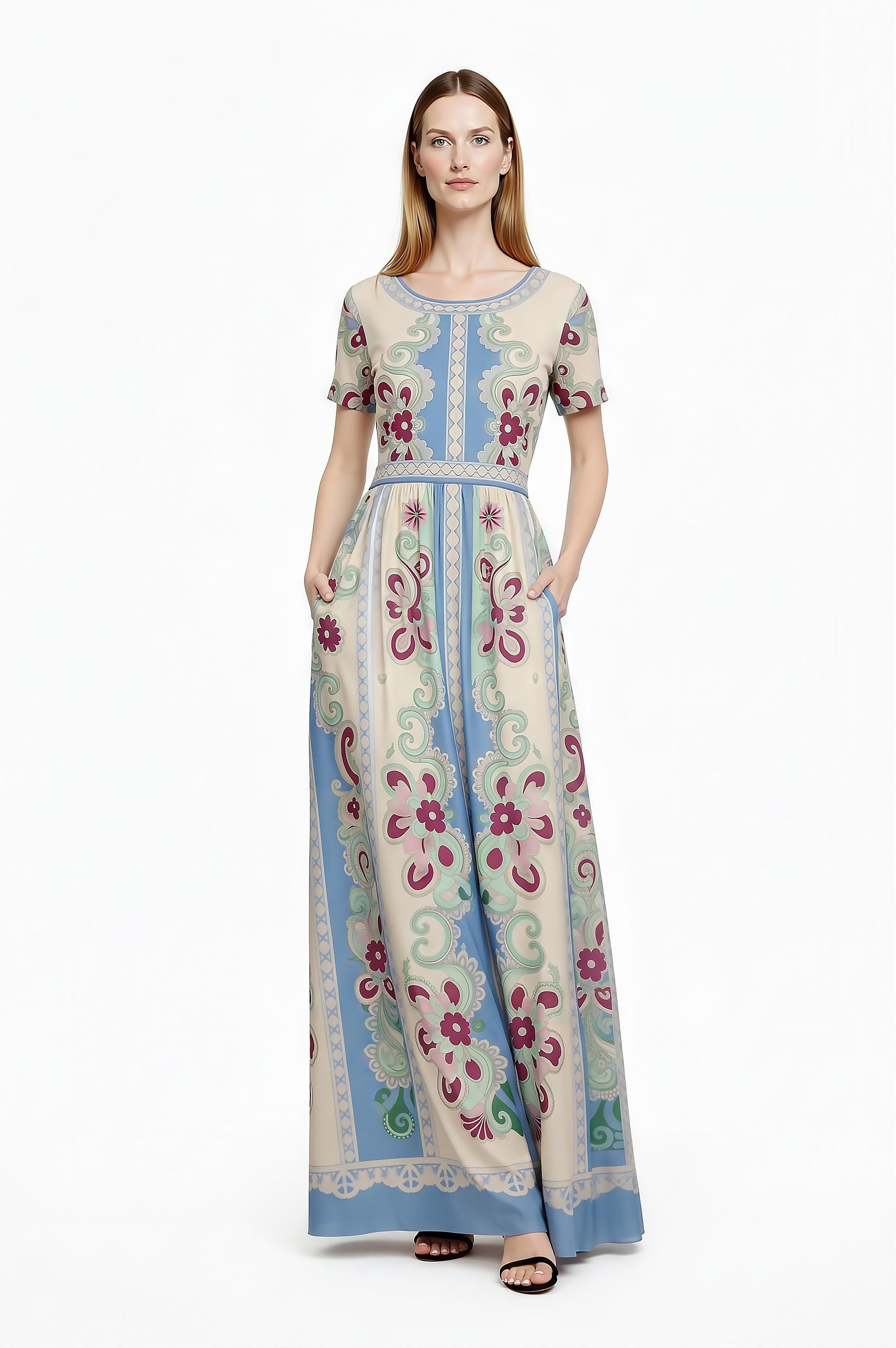 Floral Maxi Dress, Romantic Folk Print, Short Sleeve, Feminine Boutique Style