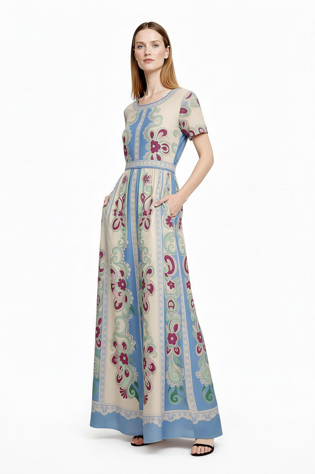 Floral Maxi Dress, Romantic Folk Print, Short Sleeve, Feminine Boutique Style