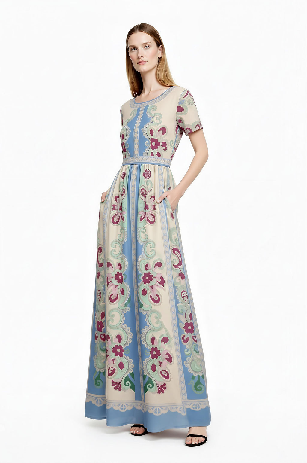 Floral Maxi Dress, Romantic Folk Print, Short Sleeve, Feminine Boutique Style