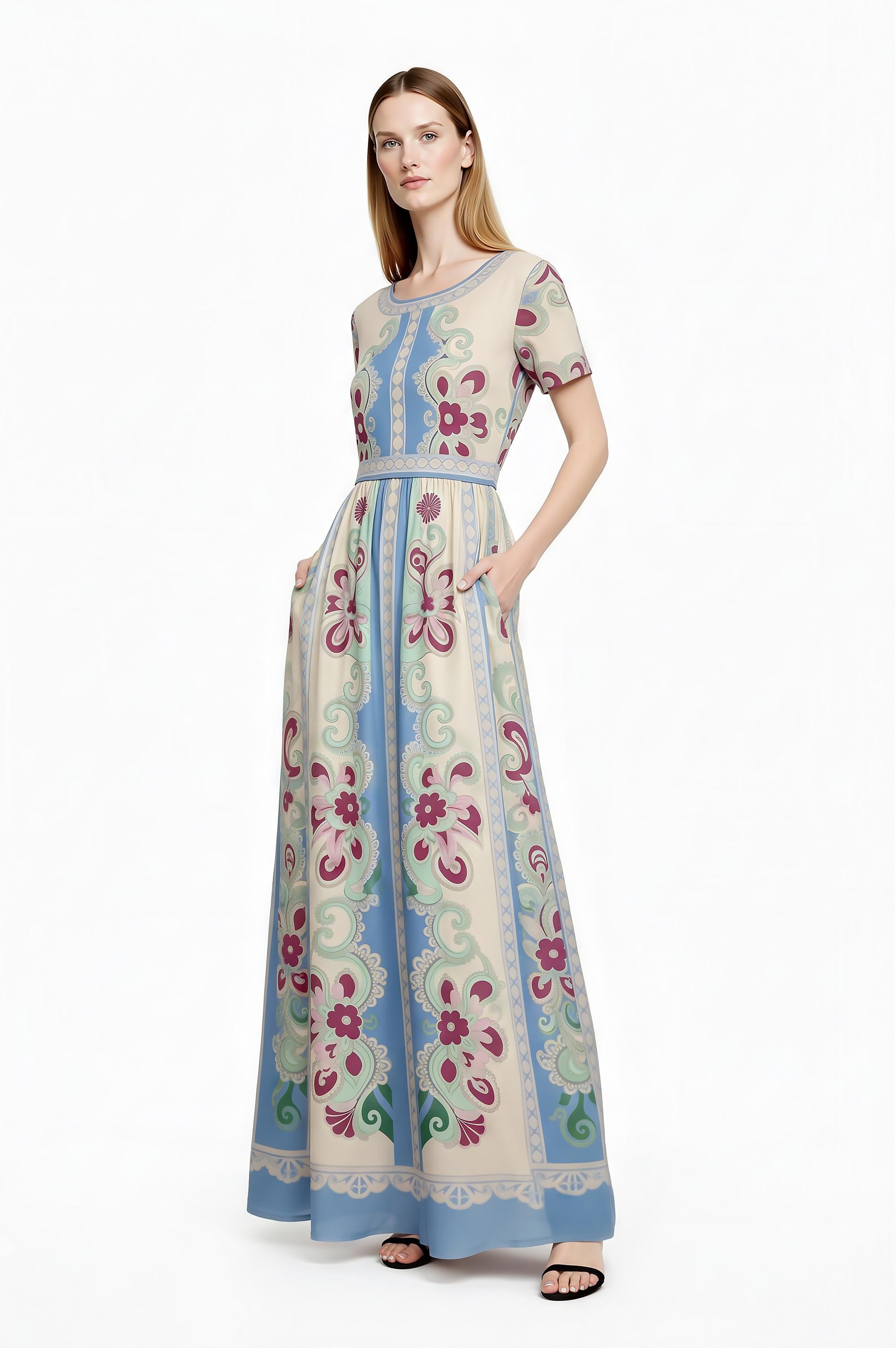 Floral Maxi Dress, Romantic Folk Print, Short Sleeve, Feminine Boutique Style
