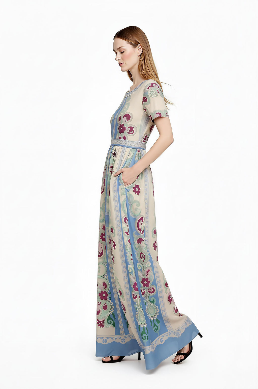 Floral Maxi Dress, Romantic Folk Print, Short Sleeve, Feminine Boutique Style