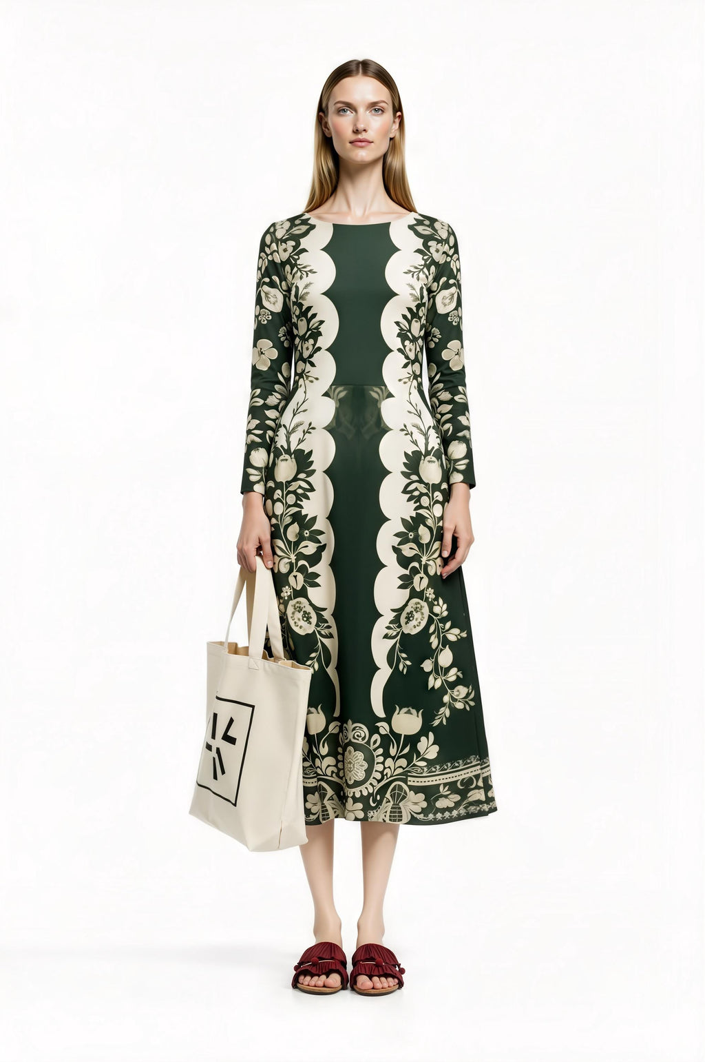 Green Floral Midi Dress with Long Sleeves and Side Pockets A-Line Silhouette