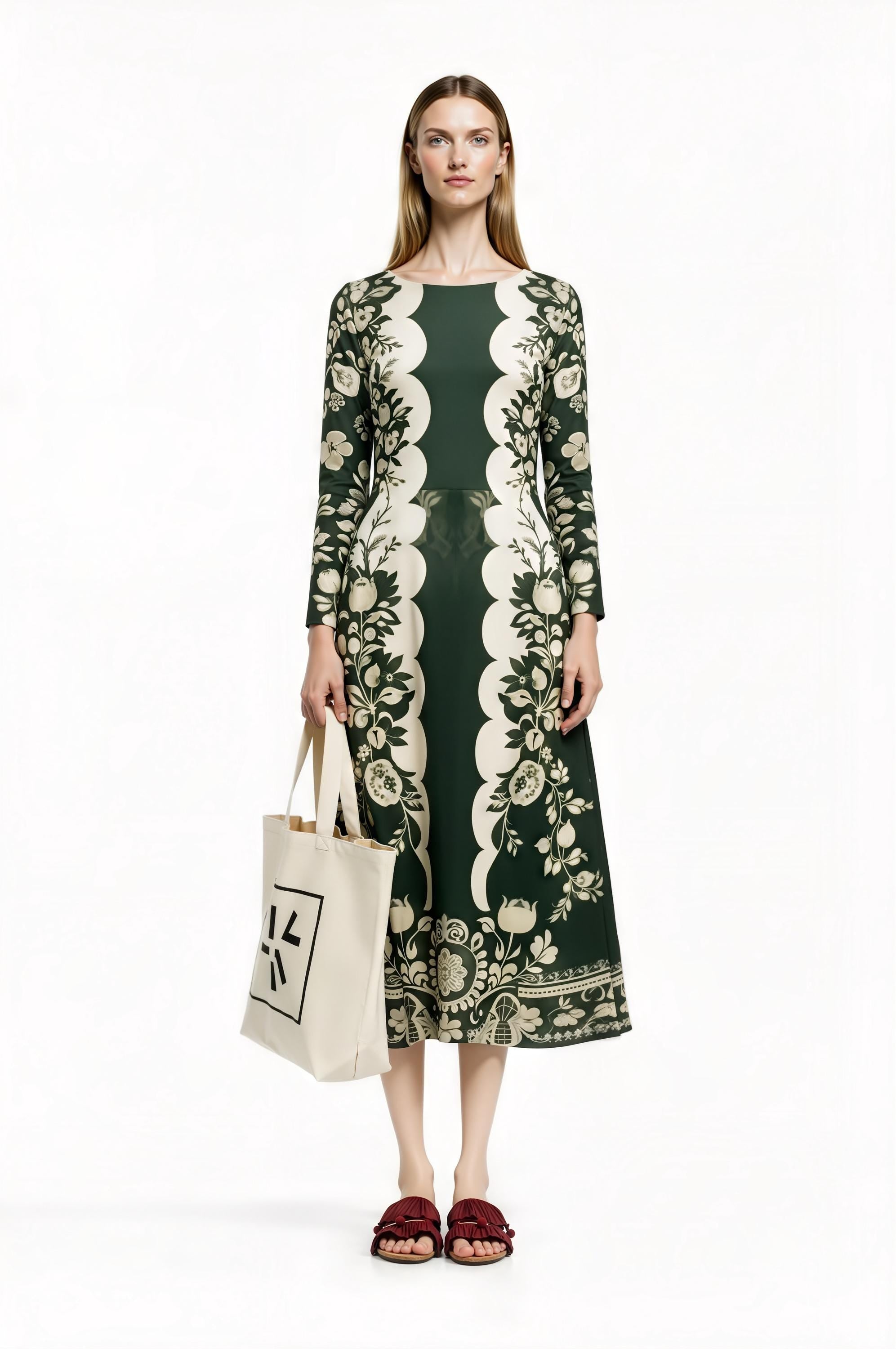 Green Floral Midi Dress with Long Sleeves and Side Pockets A-Line Silhouette