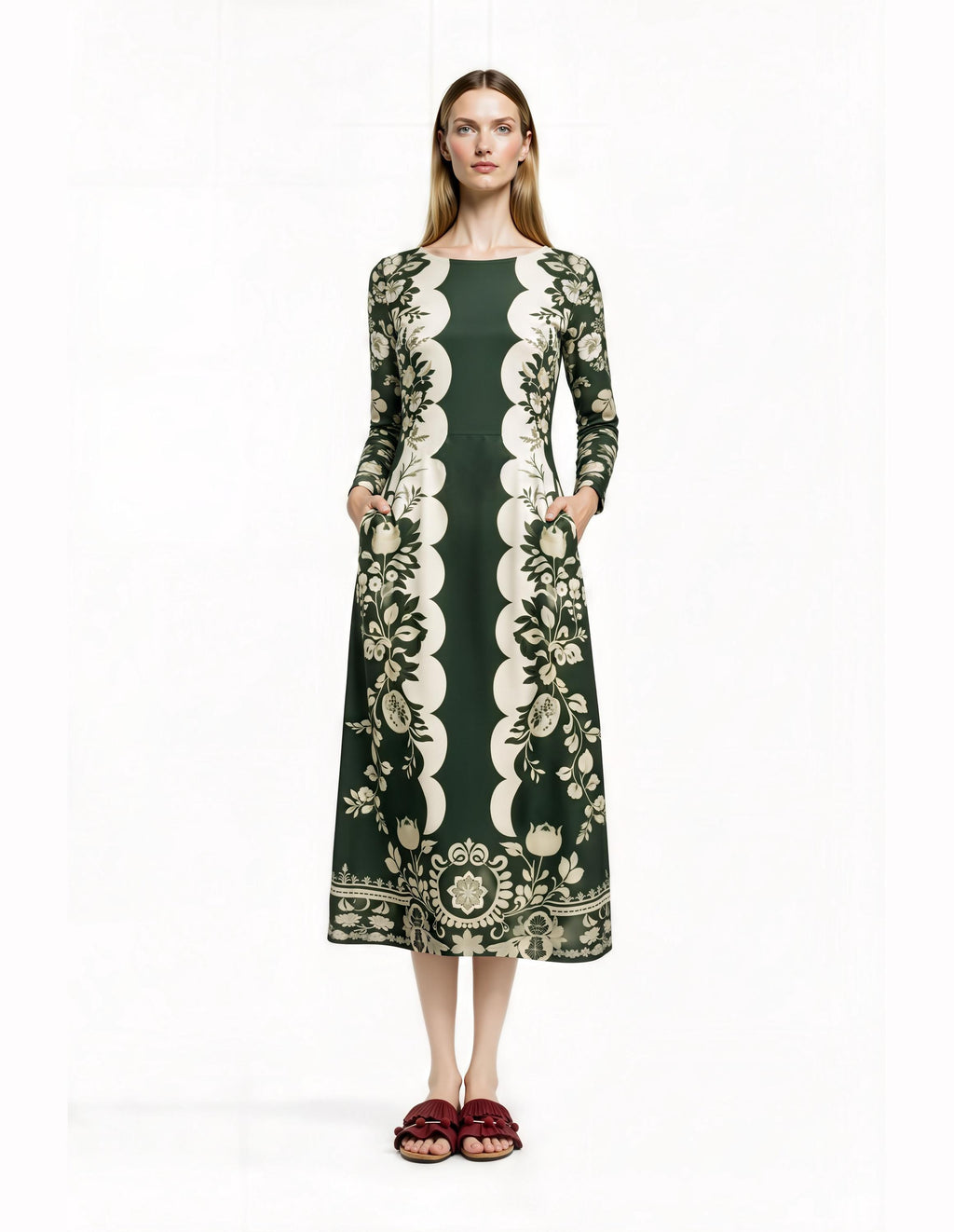 Green Floral Midi Dress with Long Sleeves and Side Pockets A-Line Silhouette