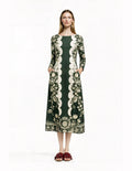 Green Floral Midi Dress with Long Sleeves and Side Pockets A-Line Silhouette