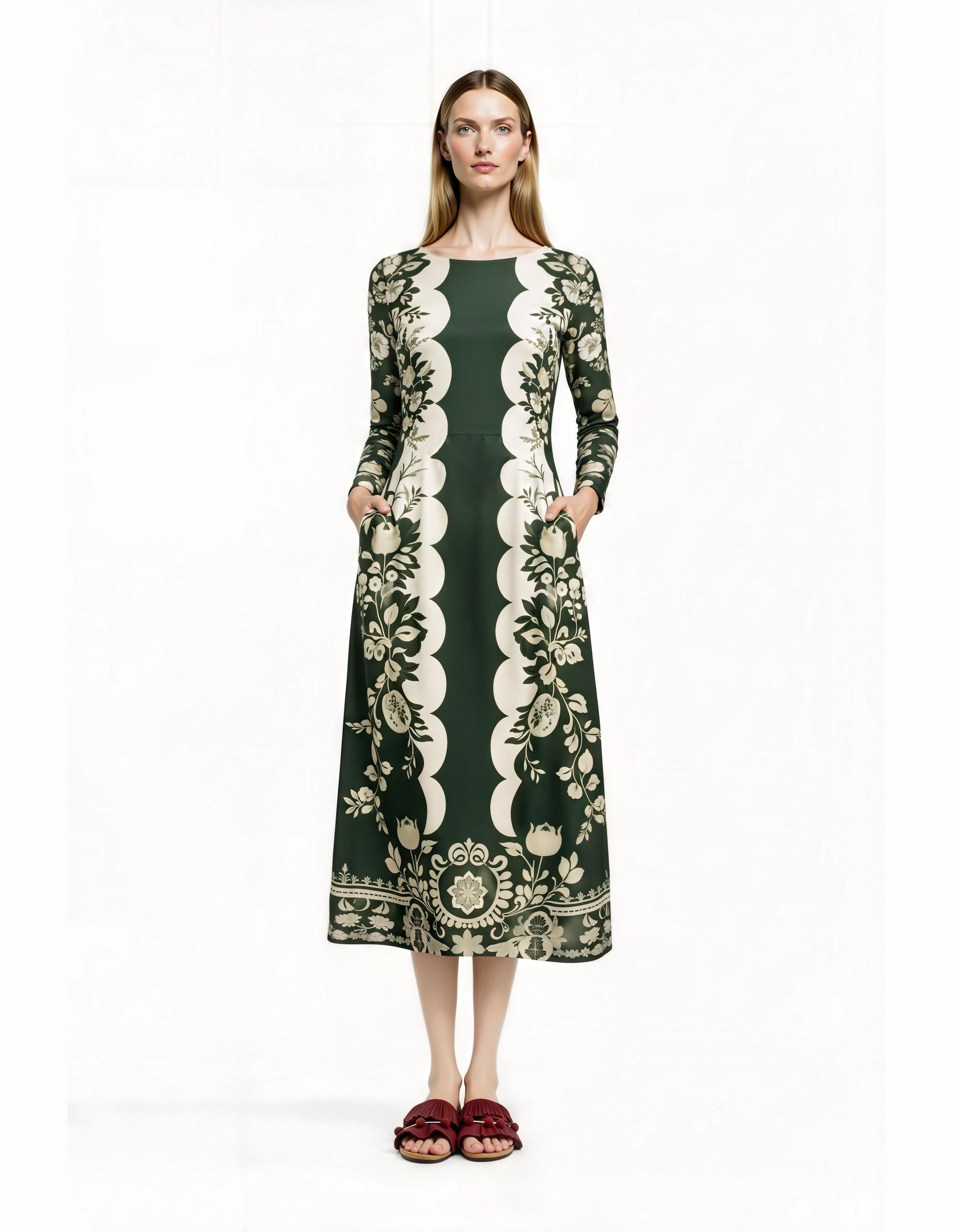Green Floral Midi Dress with Long Sleeves and Side Pockets A-Line Silhouette