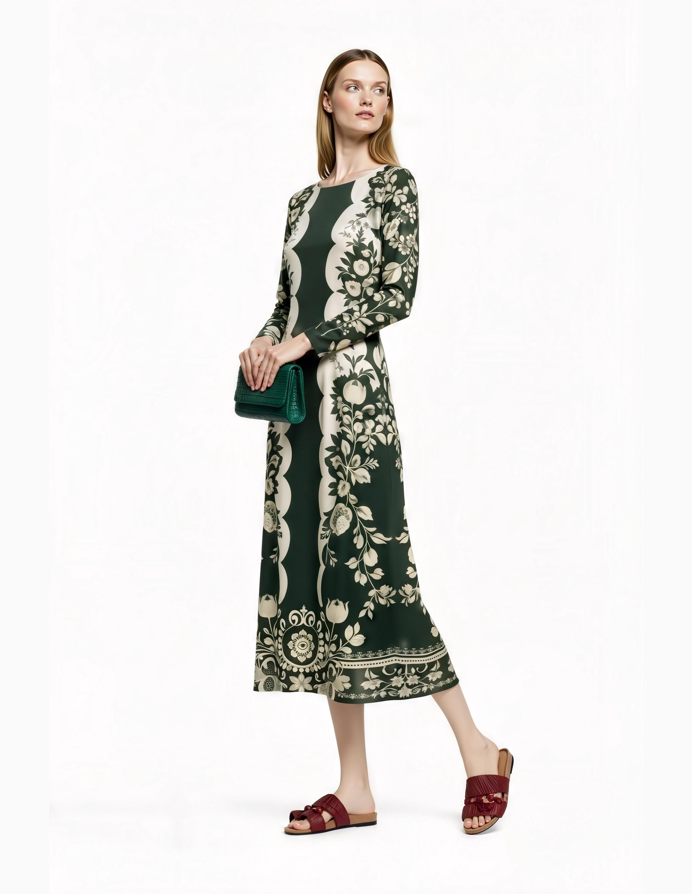 Green Floral Midi Dress with Long Sleeves and Side Pockets A-Line Silhouette