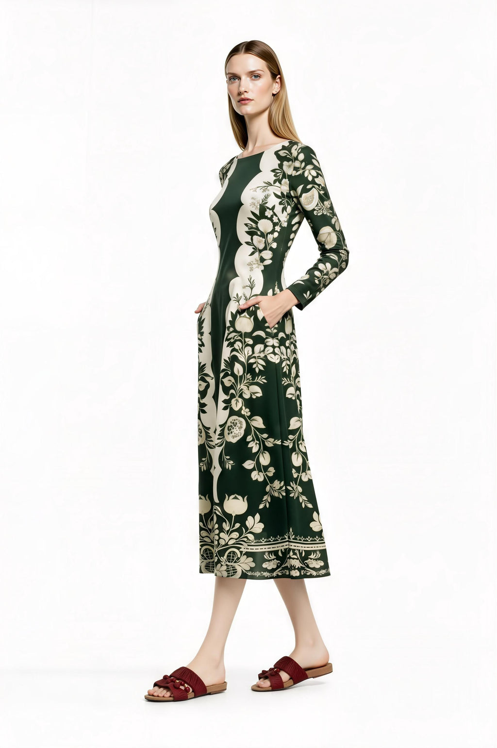 Green Floral Midi Dress with Long Sleeves and Side Pockets A-Line Silhouette