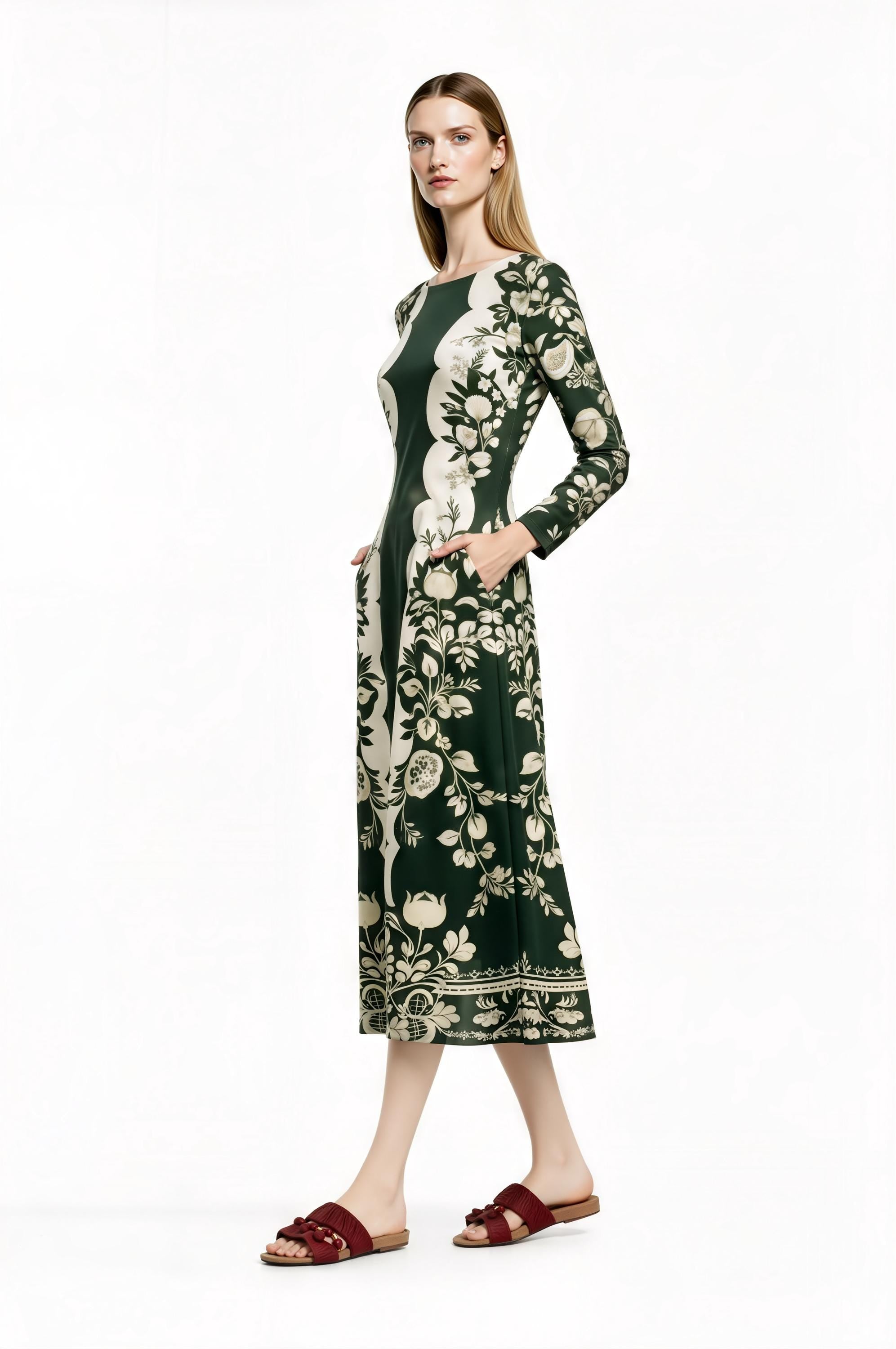Green Floral Midi Dress with Long Sleeves and Side Pockets A-Line Silhouette