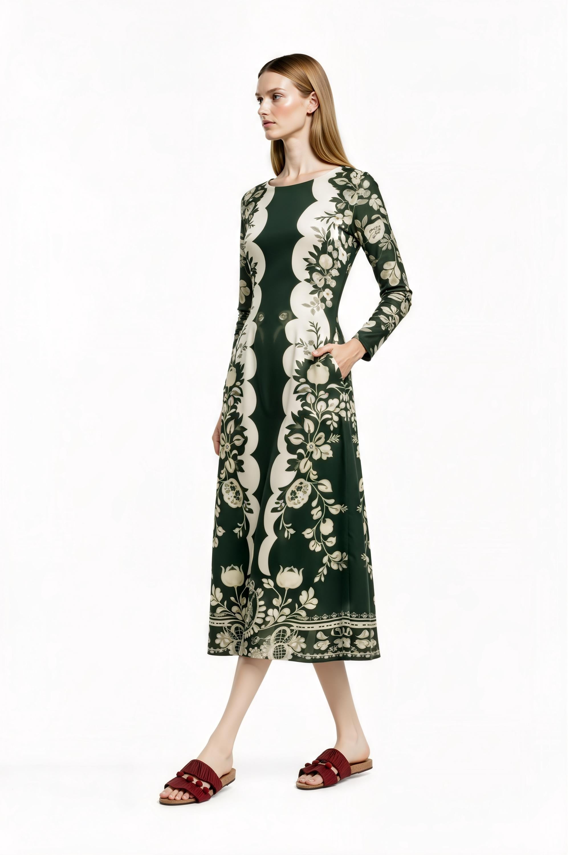 Green Floral Midi Dress with Long Sleeves and Side Pockets A-Line Silhouette
