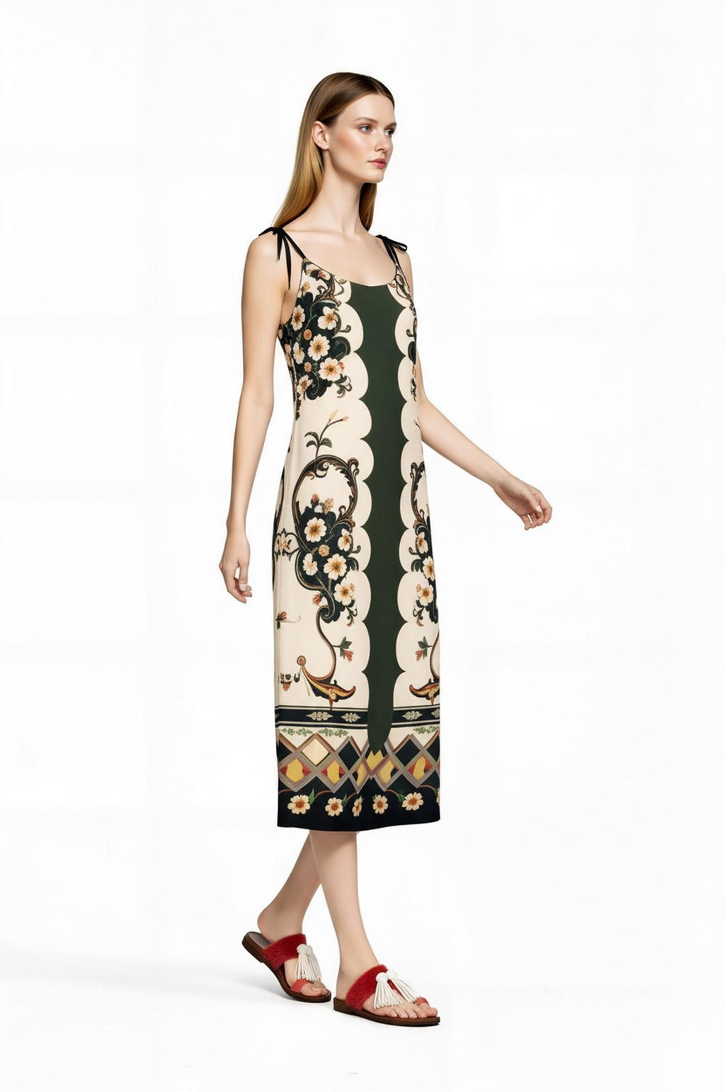 Green and Ivory Floral Midi Slip Dress with Adjustable Tie Straps Ornamental Print