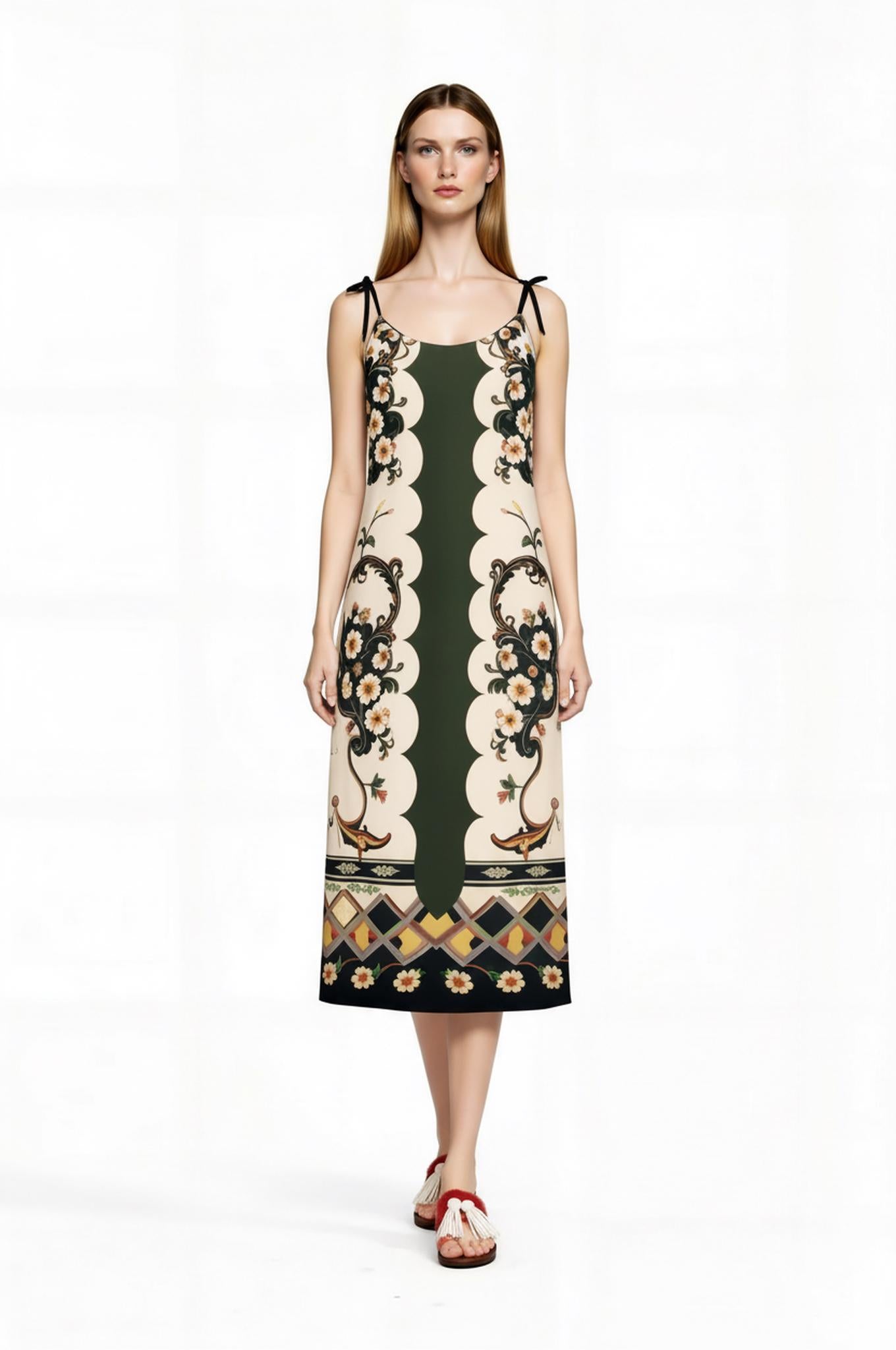 Green and Ivory Floral Midi Slip Dress with Adjustable Tie Straps Ornamental Print