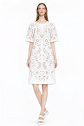 Ivory Eyelet Print Dress, Lace Look T-Shirt Silhouette, Short Sleeve Summer Chic