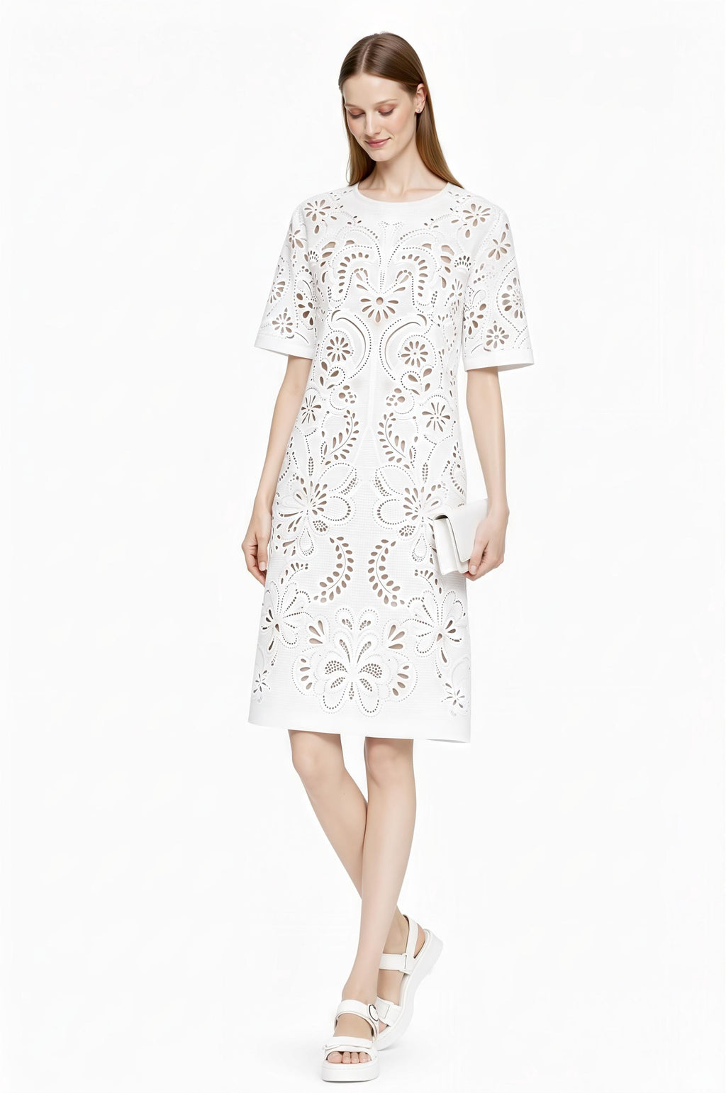 Ivory Eyelet Print Dress, Lace Look T-Shirt Silhouette, Short Sleeve Summer Chic