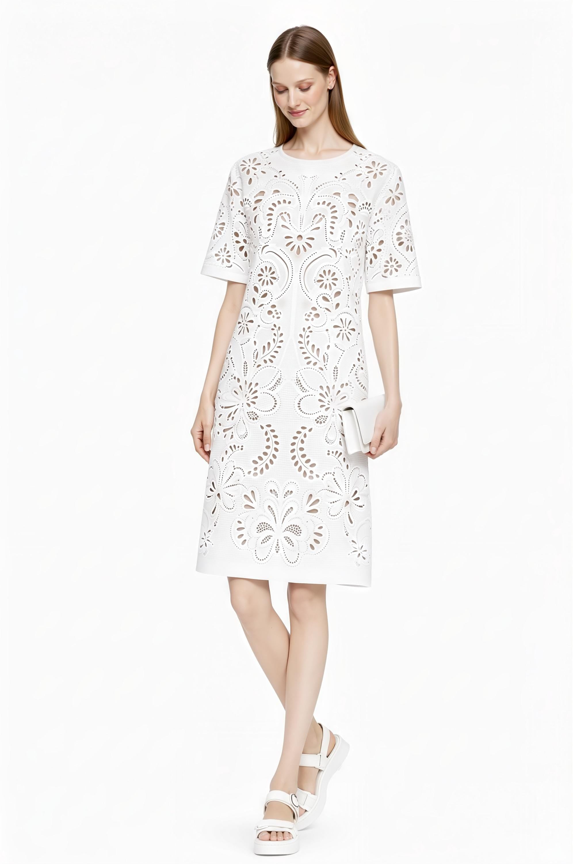 Ivory Eyelet Print Dress, Lace Look T-Shirt Silhouette, Short Sleeve Summer Chic