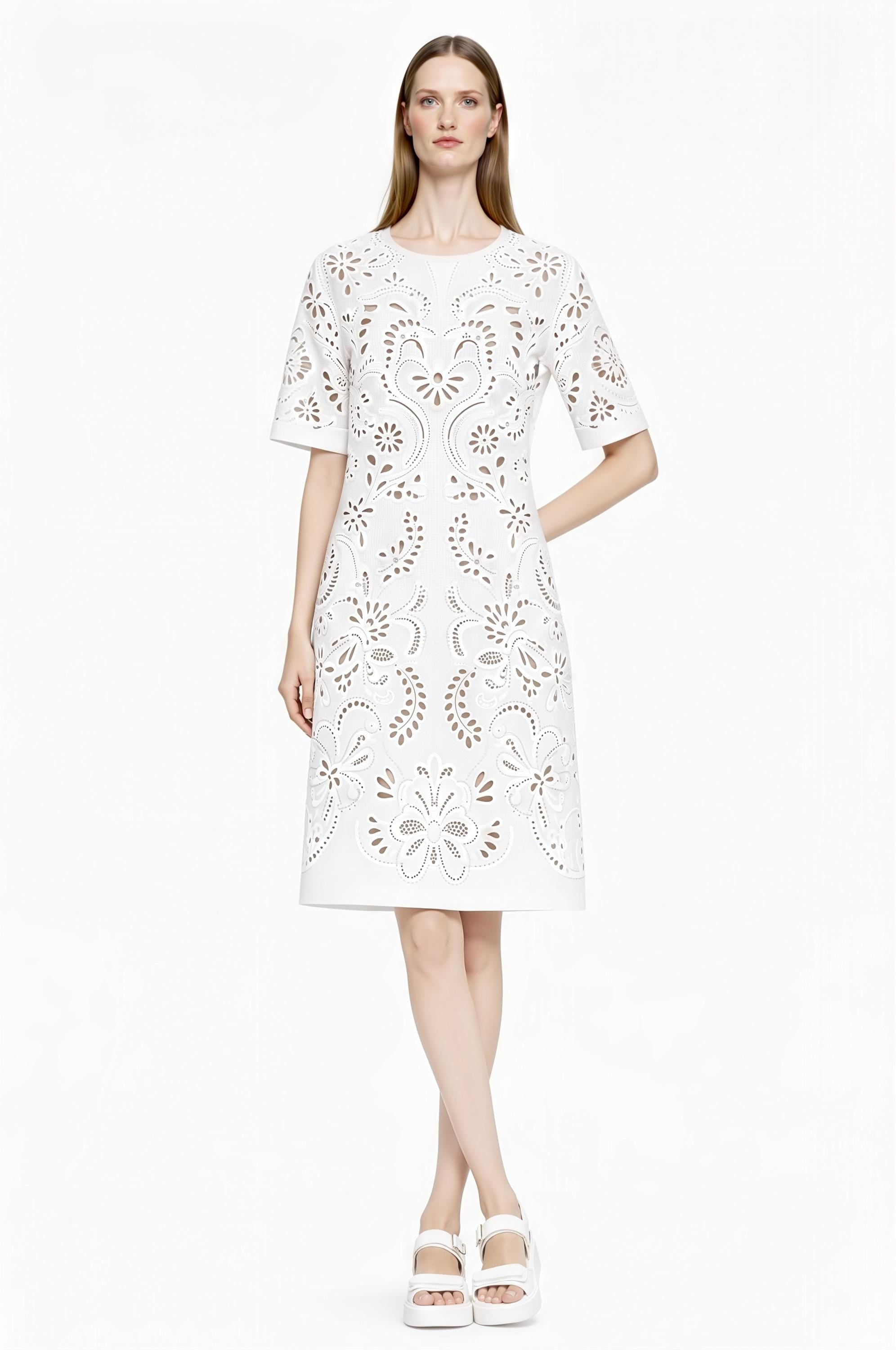 Ivory Eyelet Print Dress, Lace Look T-Shirt Silhouette, Short Sleeve Summer Chic