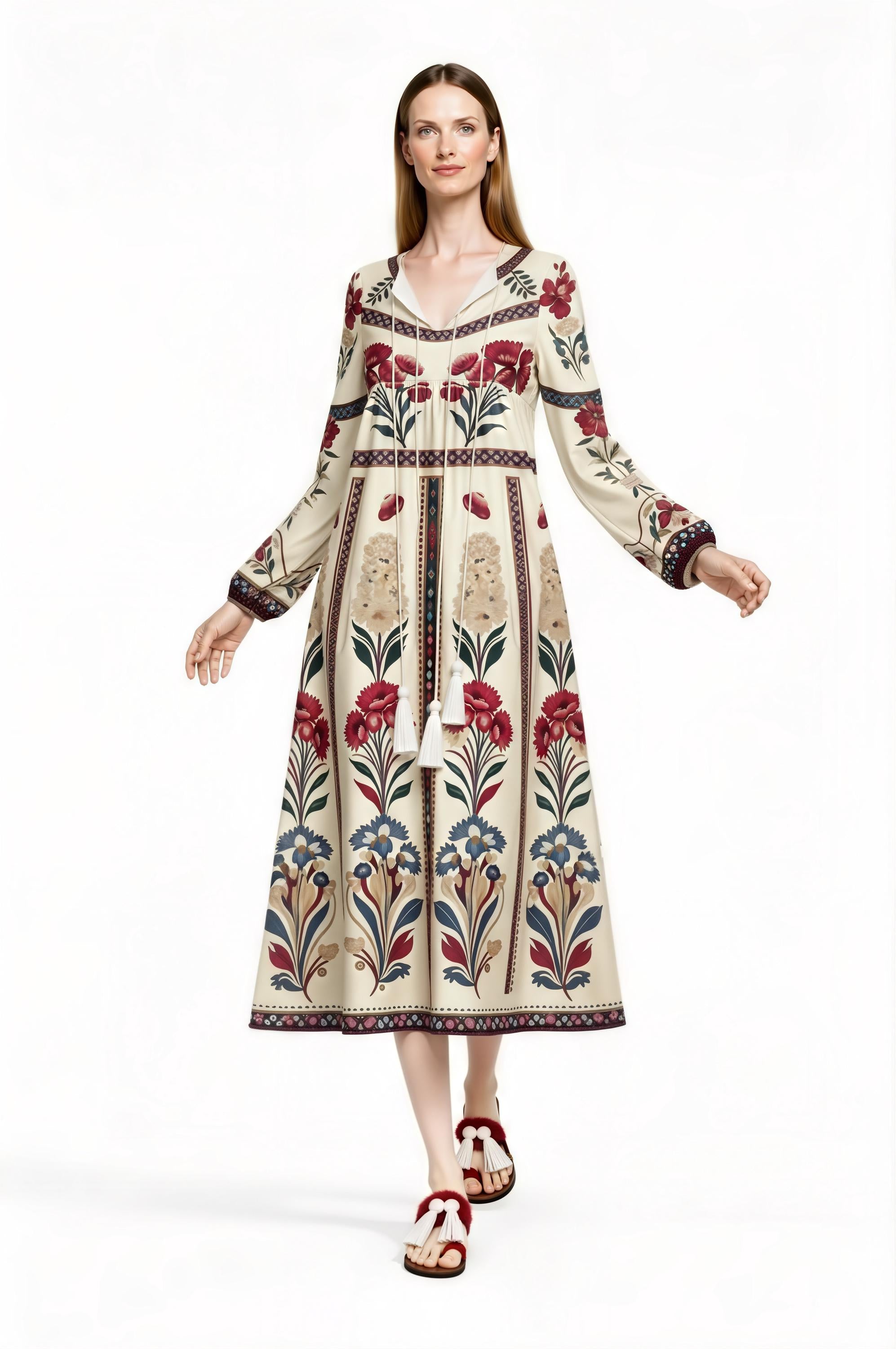 Ivory Floral Folk Print Maxi Dress, Tassel Tie Long Sleeve Boho Style