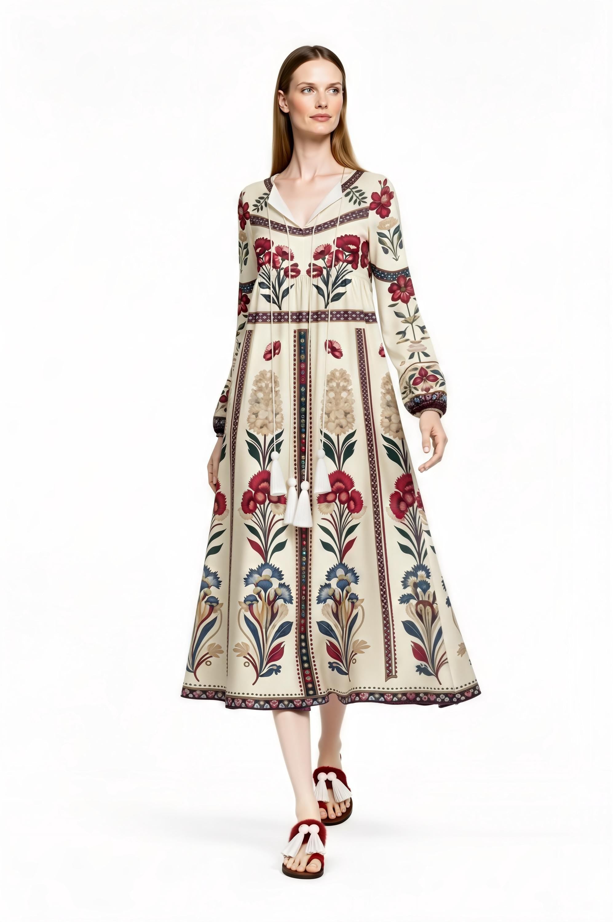 Ivory Floral Folk Print Maxi Dress, Tassel Tie Long Sleeve Boho Style