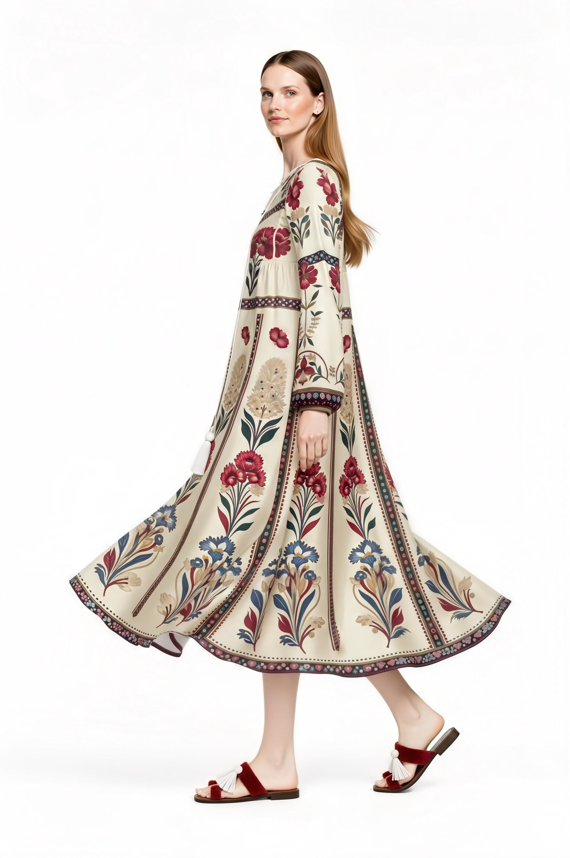 May include: A cream-colored, long-sleeve dress with a floral pattern in red, blue, and green. The dress has a flowing skirt and is worn with red sandals.
