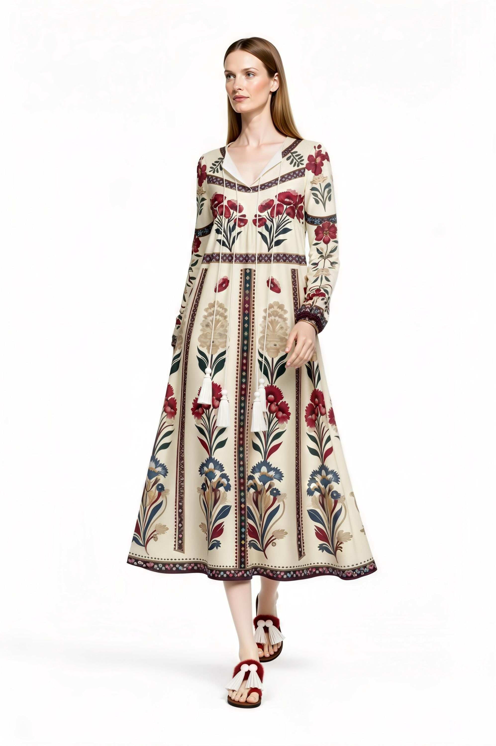 Ivory Floral Folk Print Maxi Dress, Tassel Tie Long Sleeve Boho Style