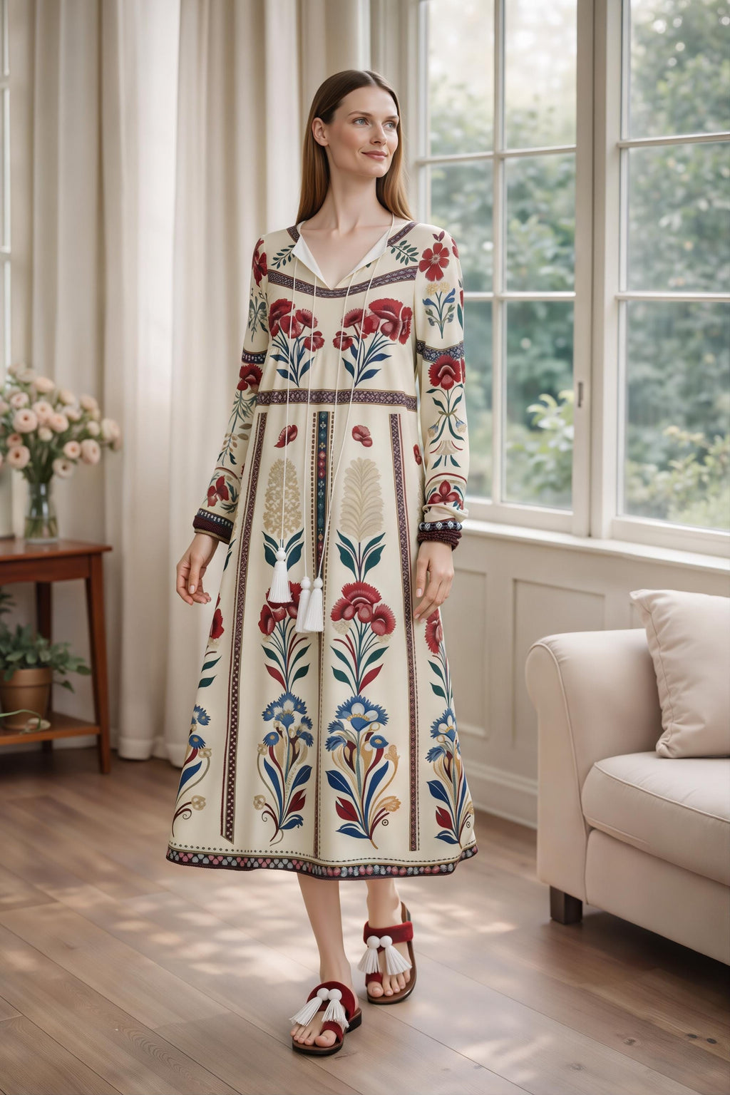 Ivory Floral Folk Print Maxi Dress, Tassel Tie Long Sleeve Boho Style
