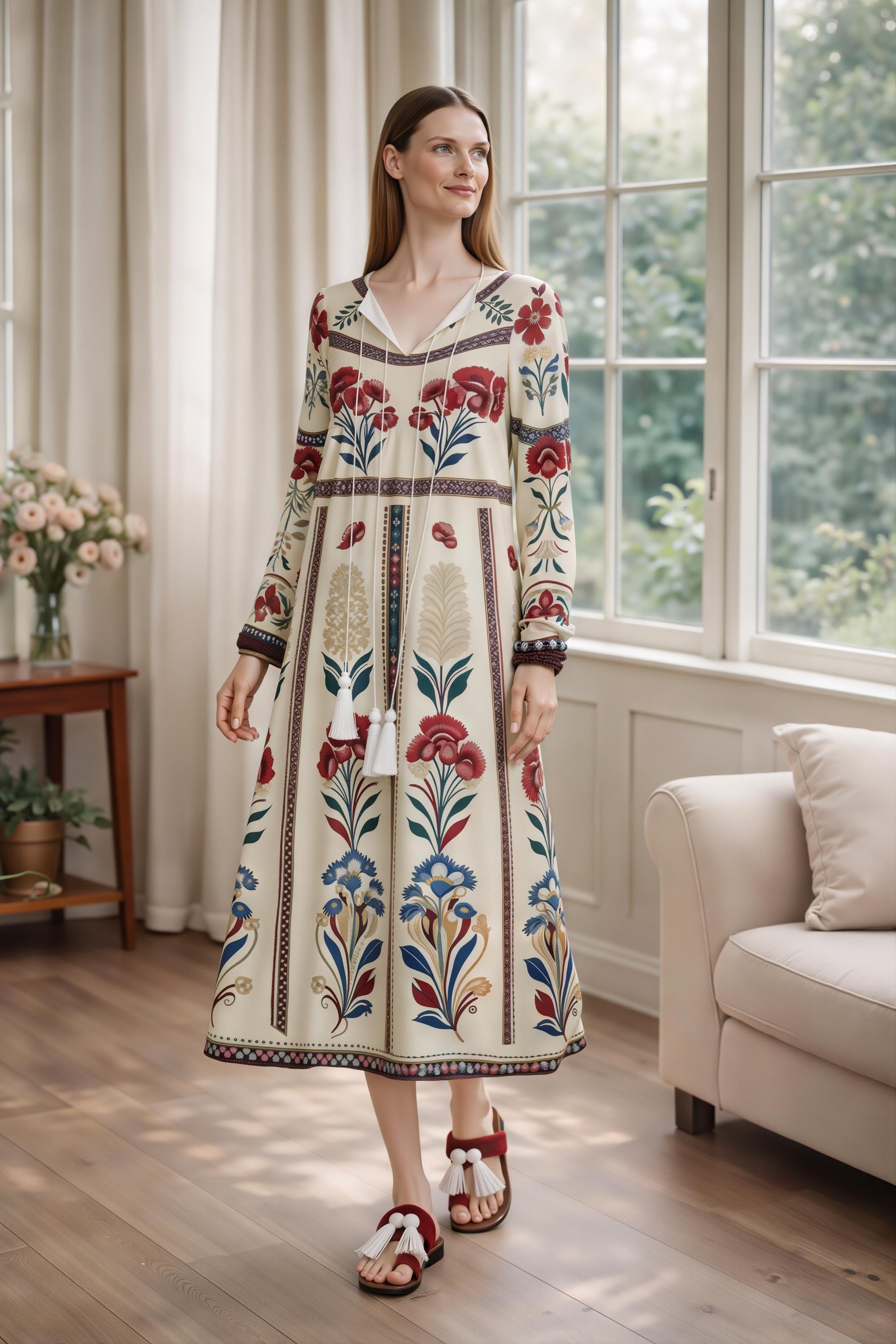 Ivory Floral Folk Print Maxi Dress, Tassel Tie Long Sleeve Boho Style