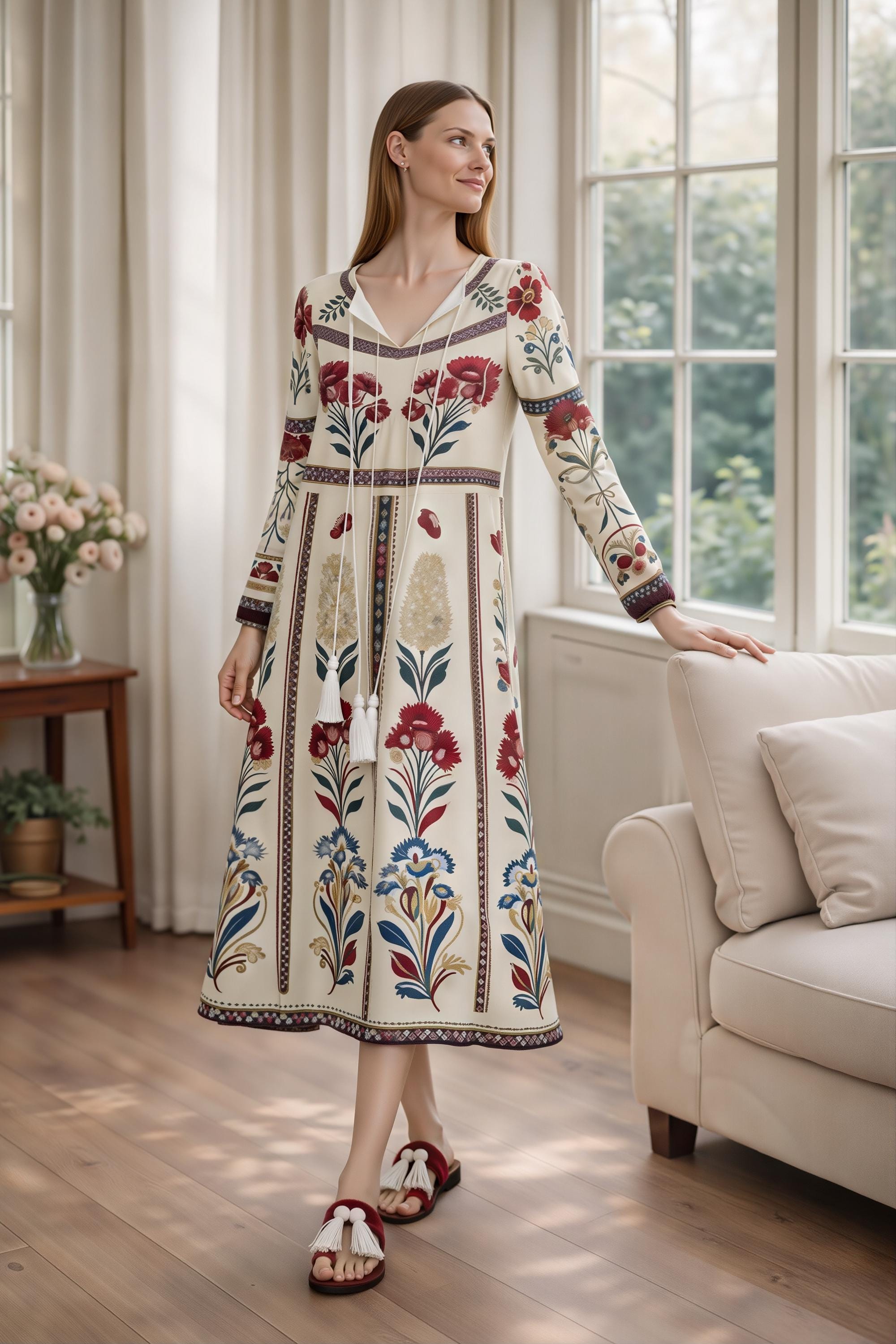 Ivory Floral Folk Print Maxi Dress, Tassel Tie Long Sleeve Boho Style