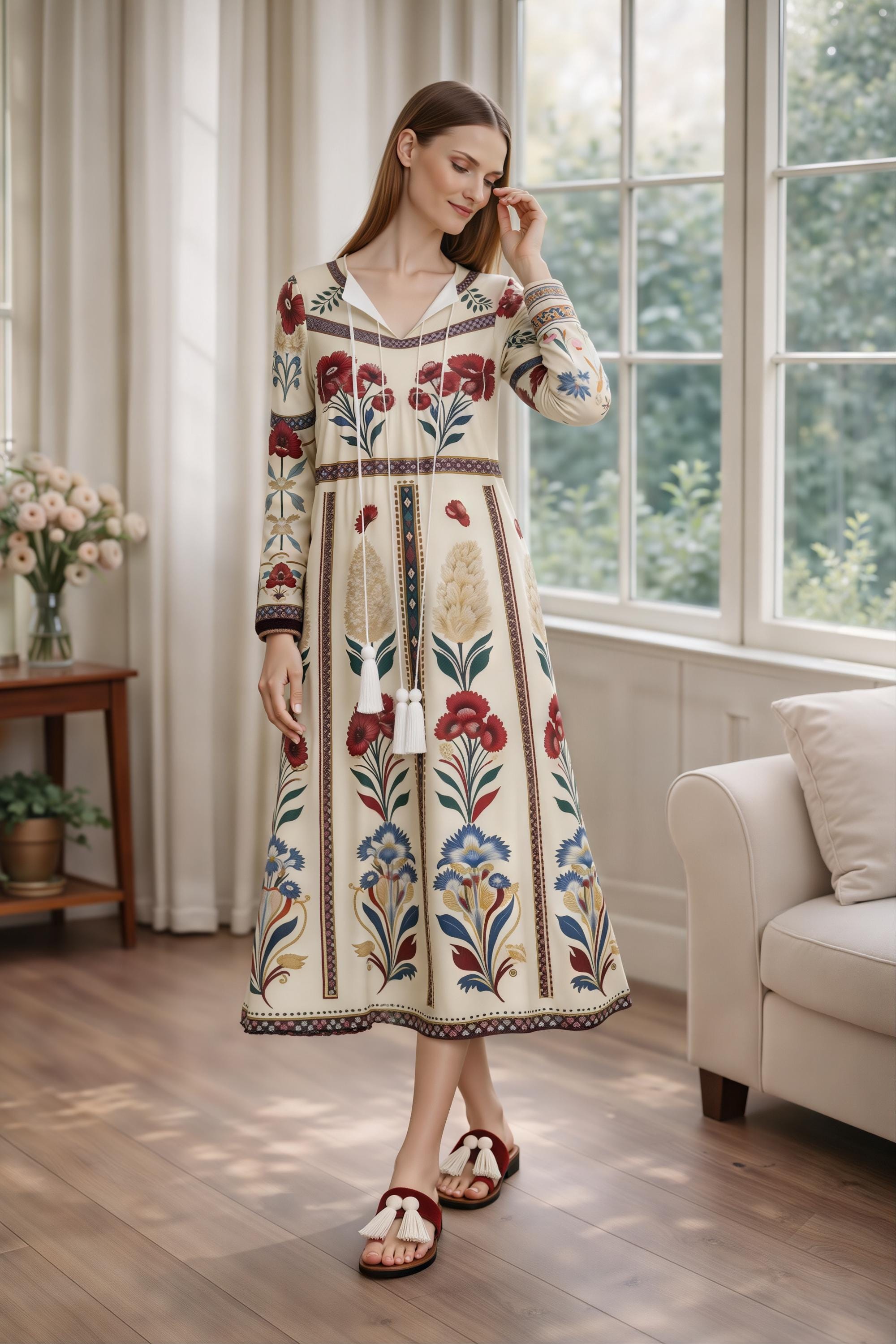 Ivory Floral Folk Print Maxi Dress, Tassel Tie Long Sleeve Boho Style