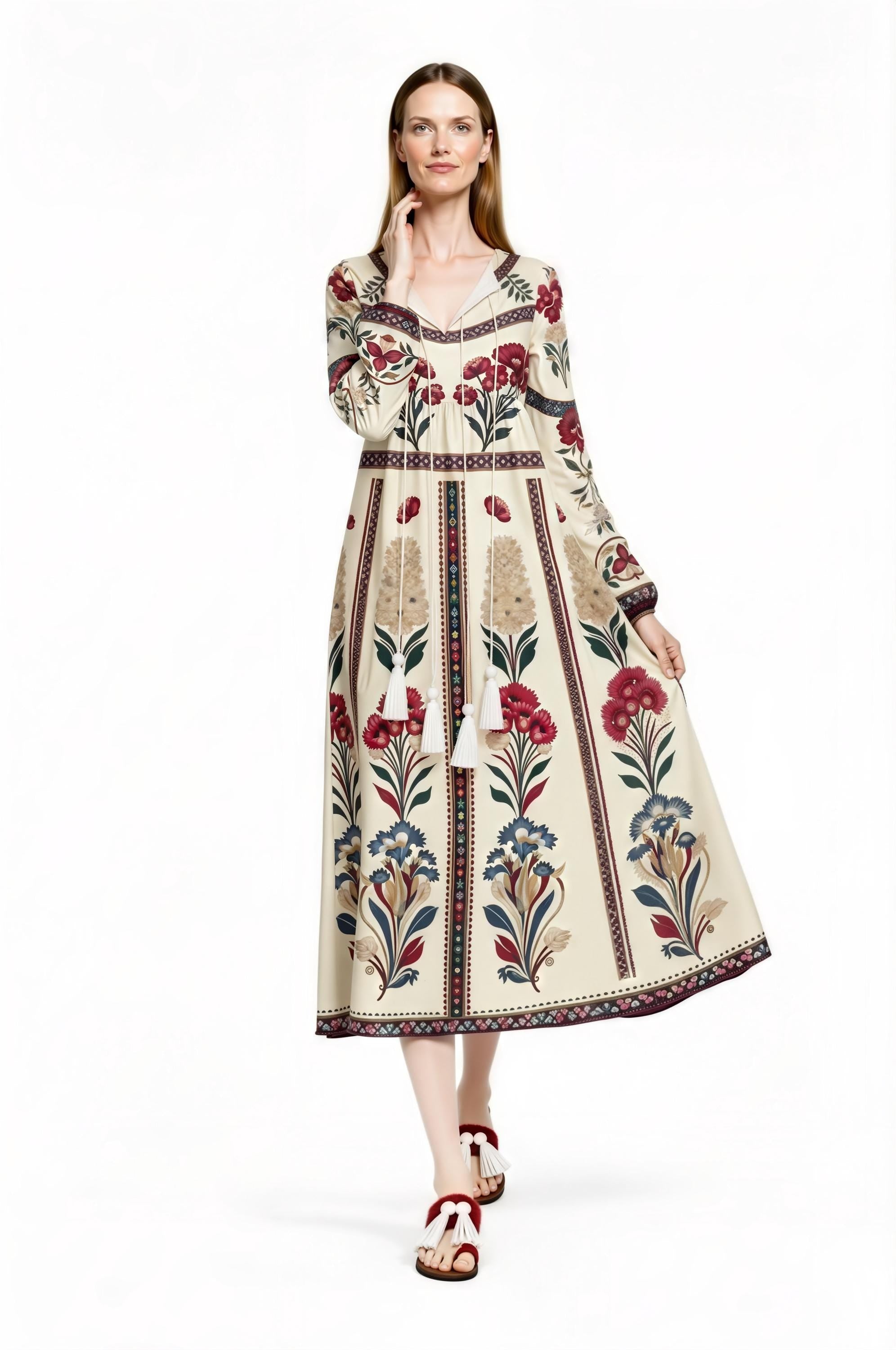 Ivory Floral Folk Print Maxi Dress, Tassel Tie Long Sleeve Boho Style