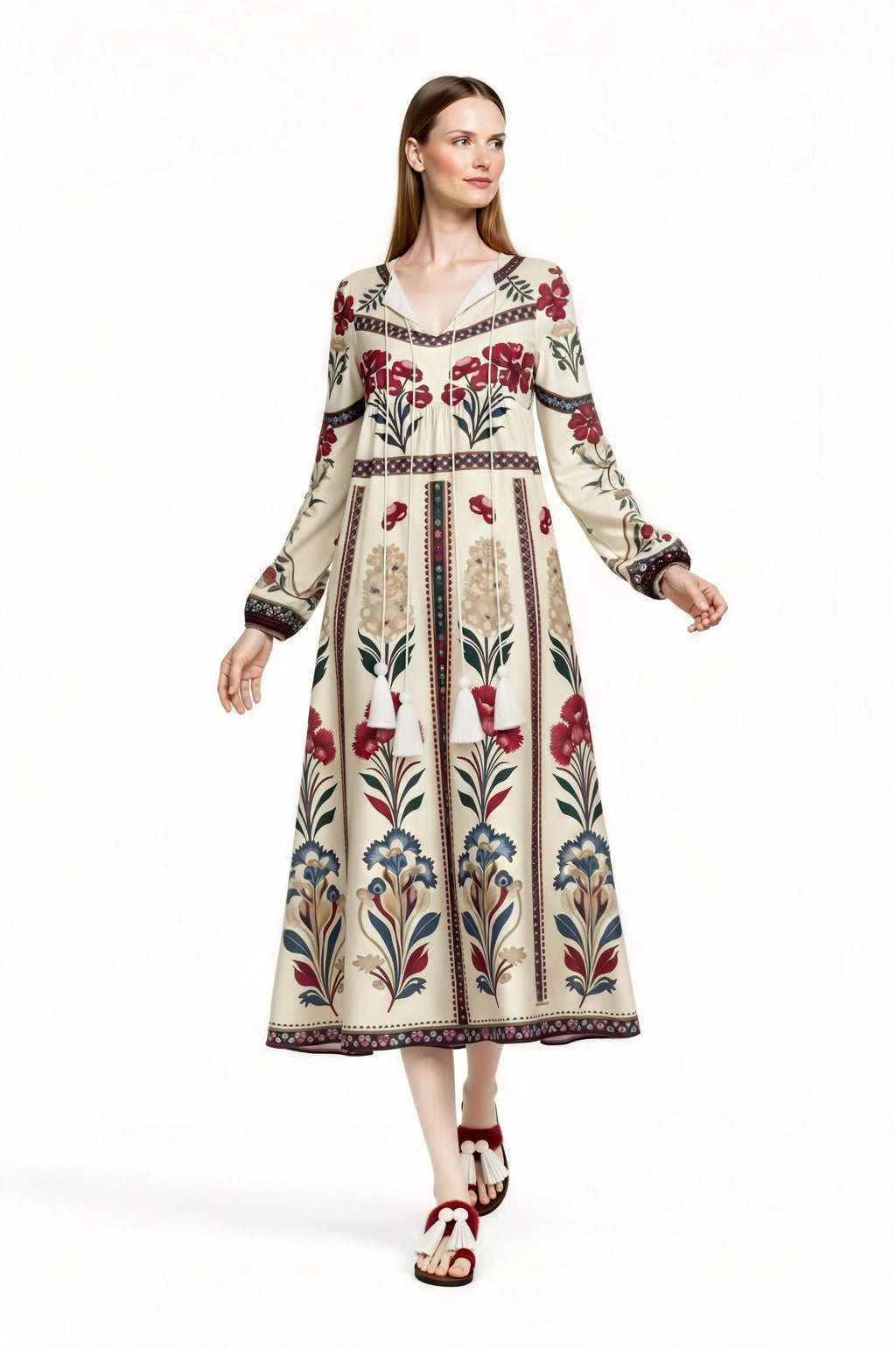 Ivory Floral Folk Print Maxi Dress, Tassel Tie Long Sleeve Boho Style