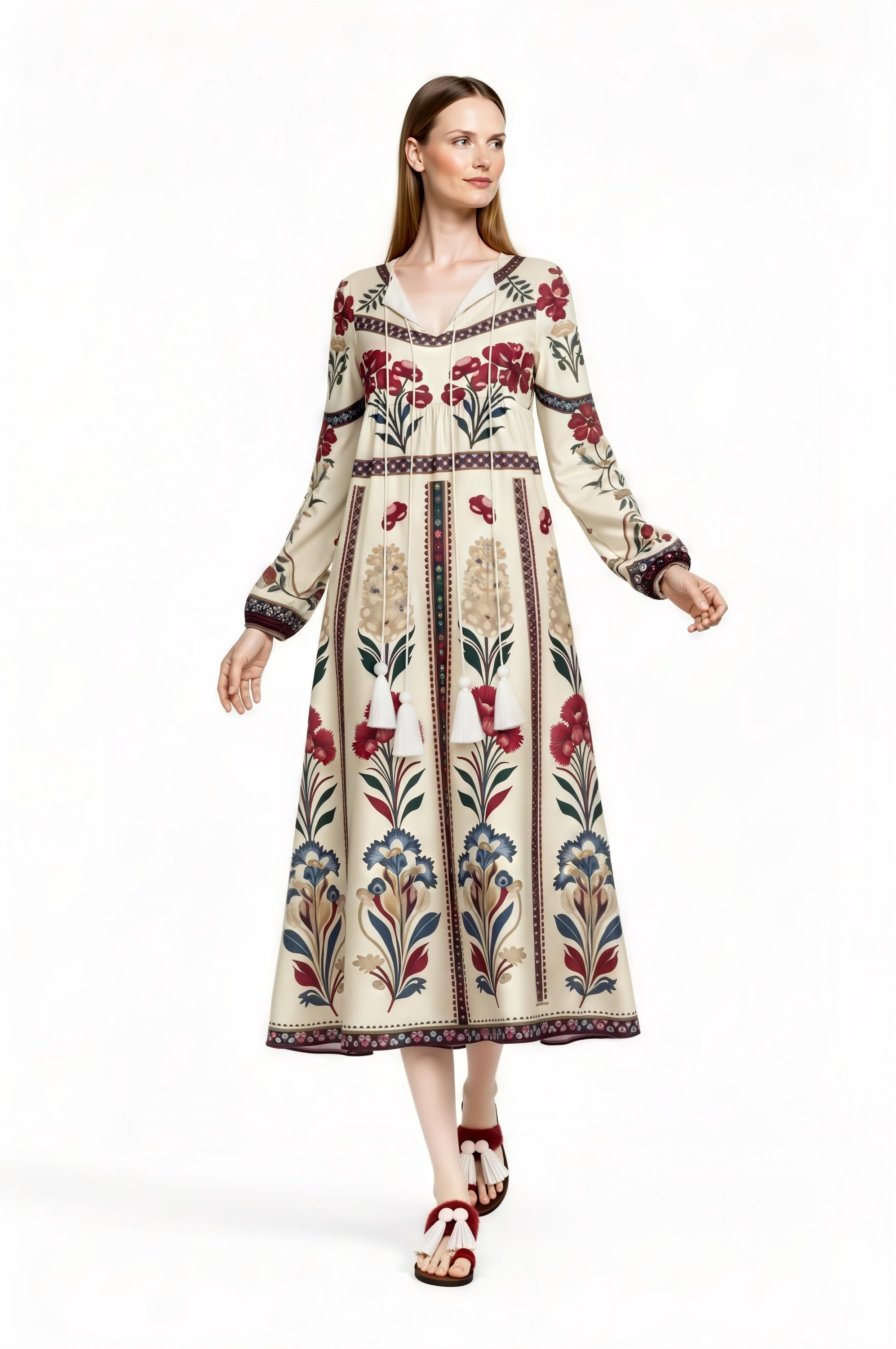 Ivory Floral Folk Print Maxi Dress, Tassel Tie Long Sleeve Boho Style