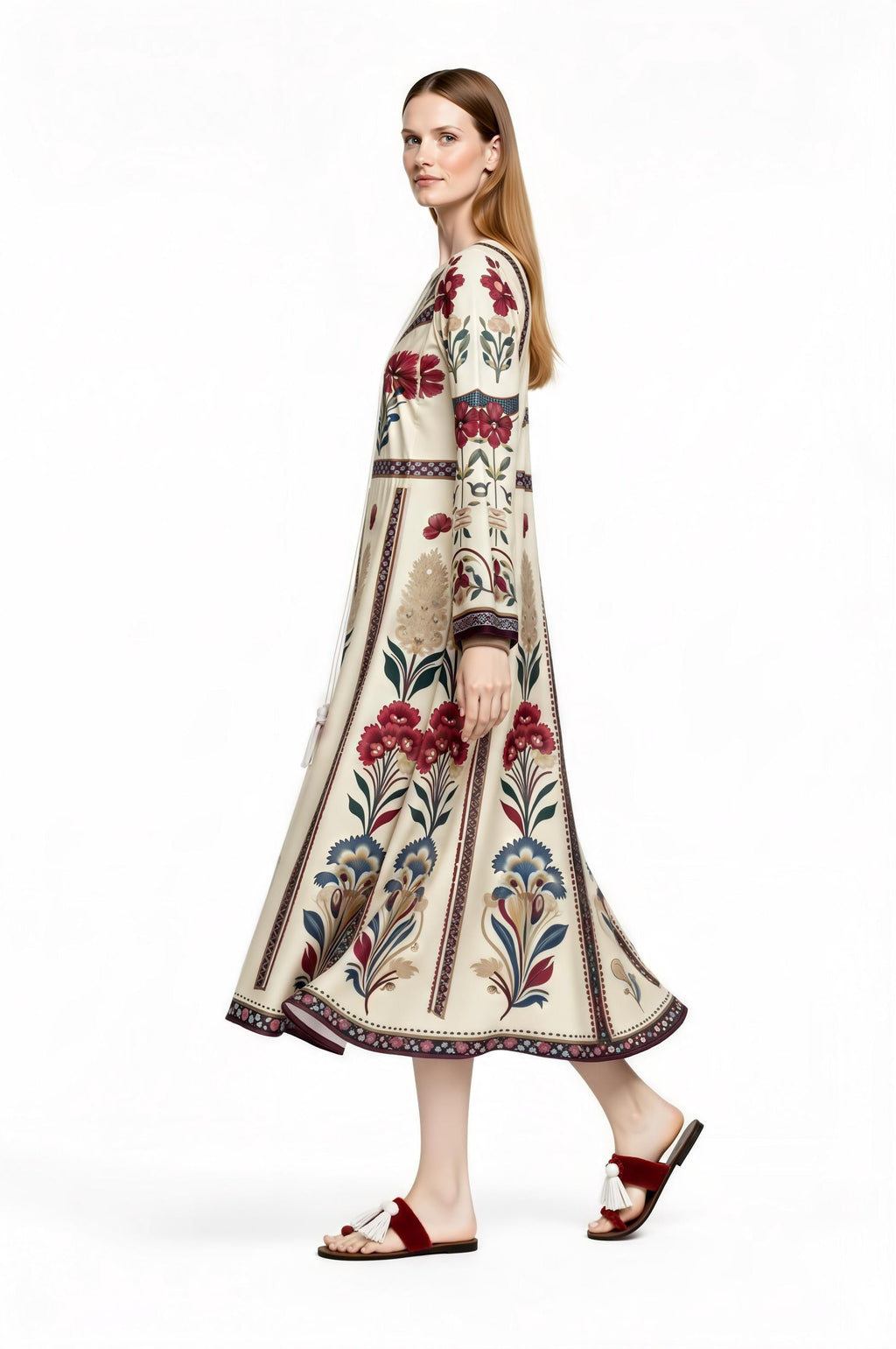 Ivory Floral Folk Print Maxi Dress, Tassel Tie Long Sleeve Boho Style