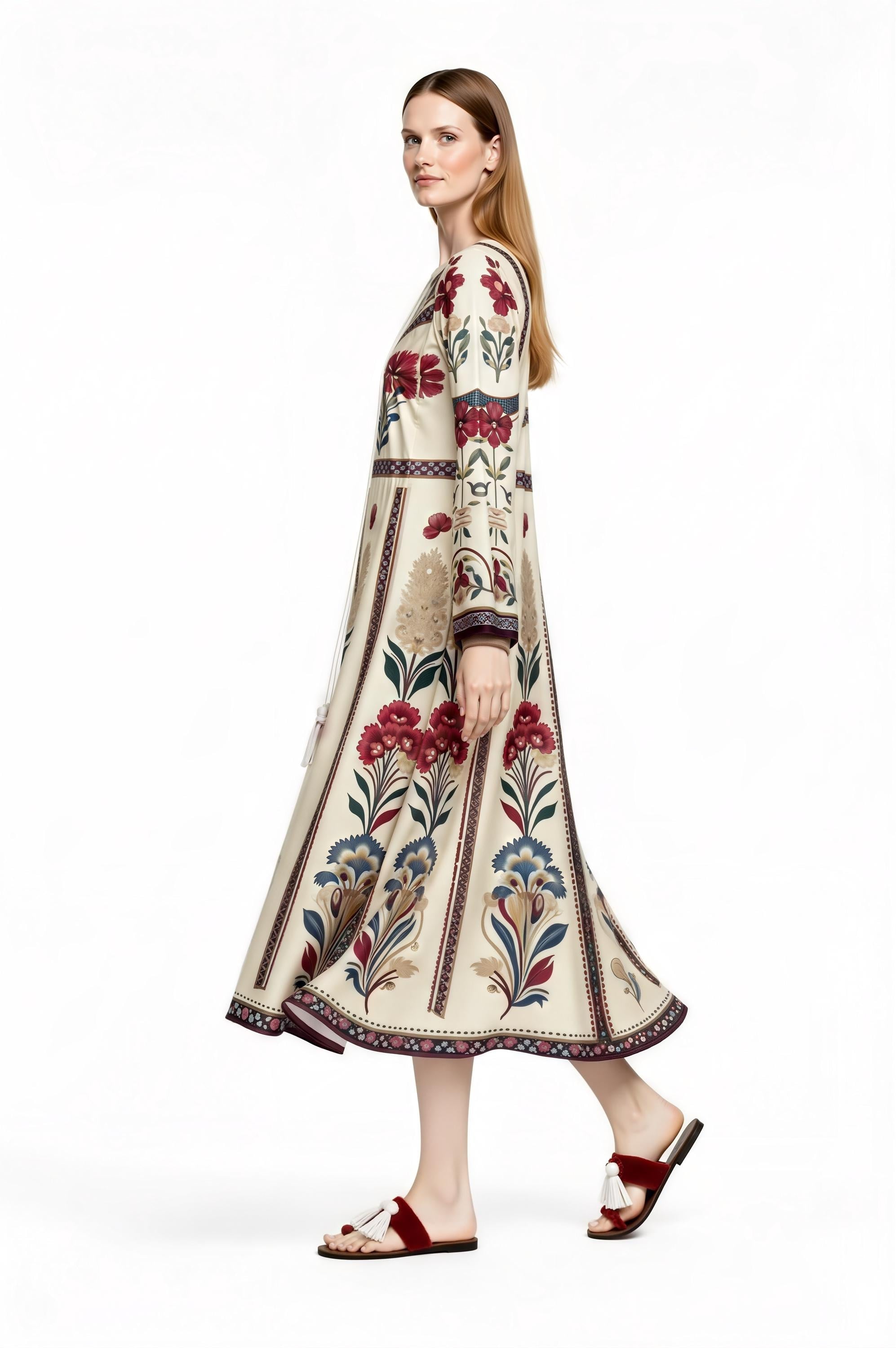 Ivory Floral Folk Print Maxi Dress, Tassel Tie Long Sleeve Boho Style