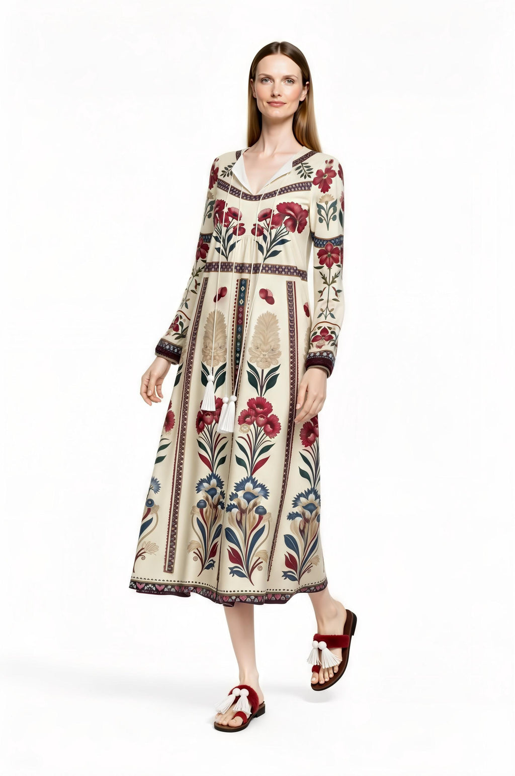 Ivory Floral Folk Print Maxi Dress, Tassel Tie Long Sleeve Boho Style