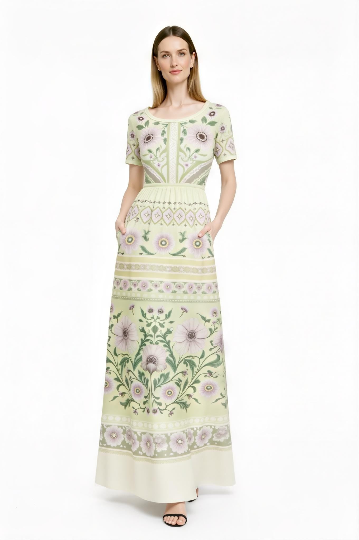 Ivory Floral Maxi Dress with Short Sleeves and Border Print A-Line Silhouette