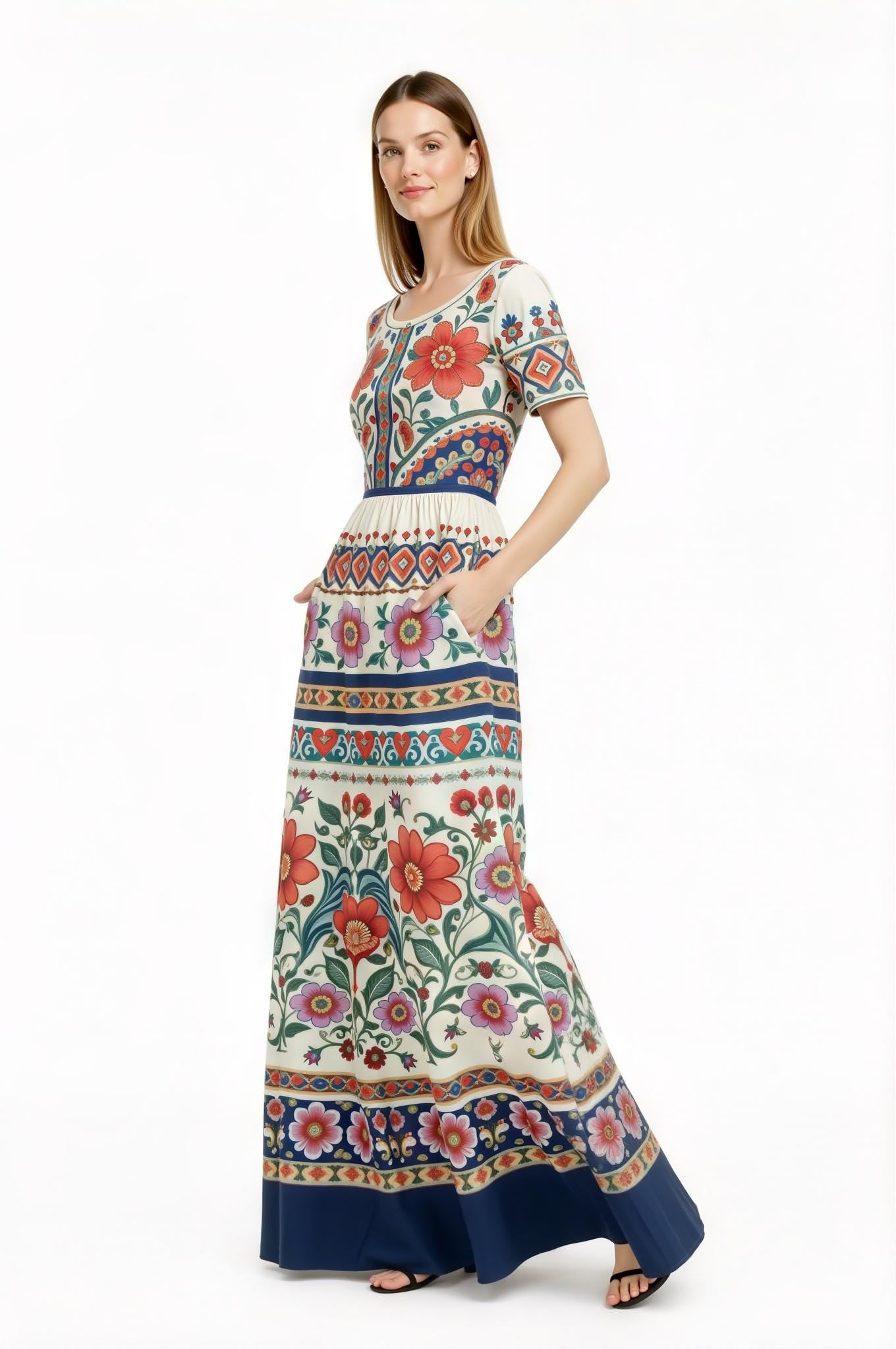 Ivory Floral Maxi Dress with Short Sleeves and Border Print A-Line Silhouette