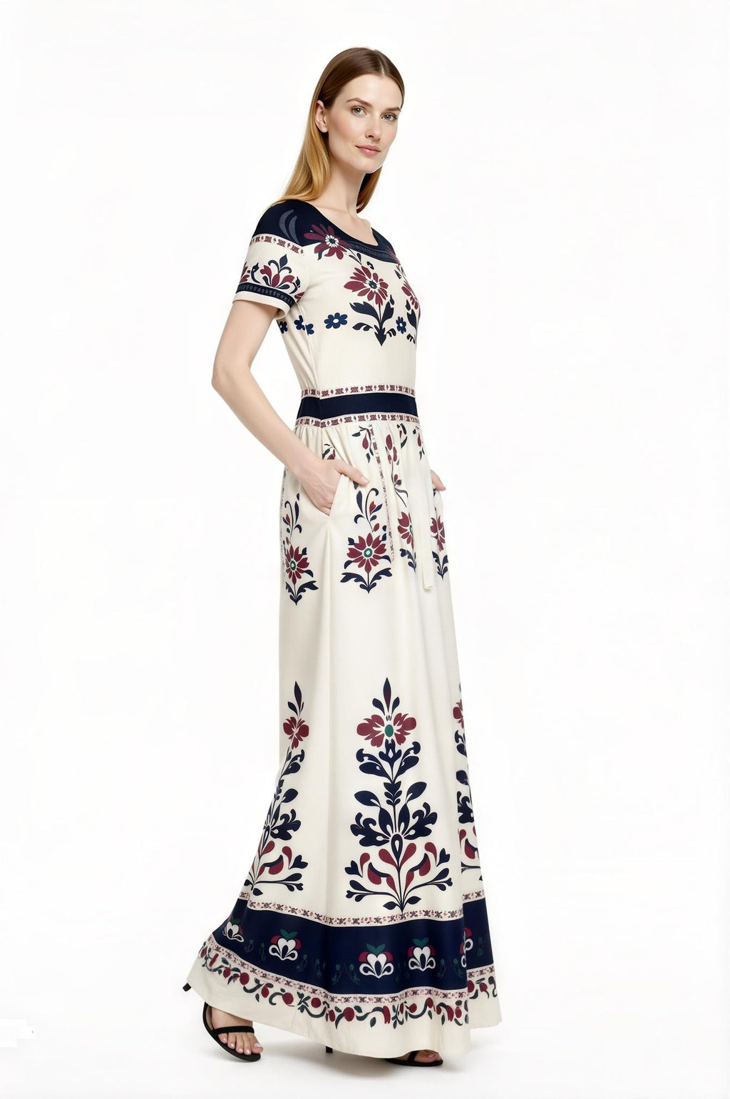 Ivory Floral Maxi Dress with Short Sleeves and Side Pockets A-Line Silhouette