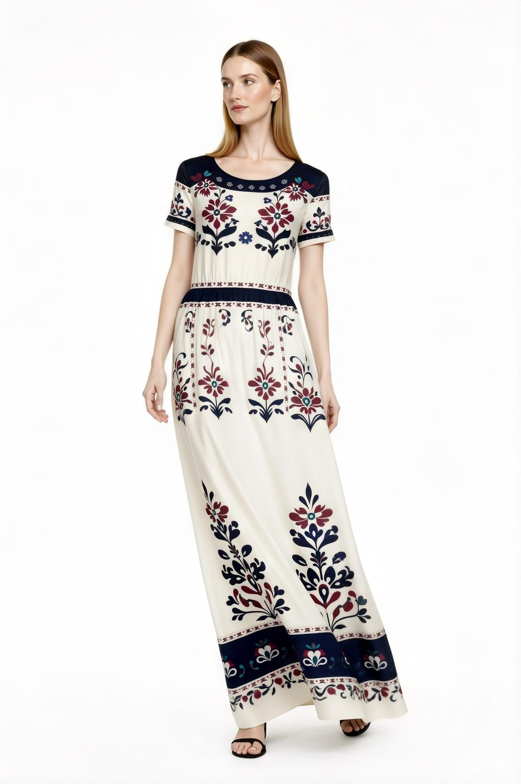 Ivory Floral Maxi Dress with Short Sleeves and Side Pockets A-Line Silhouette