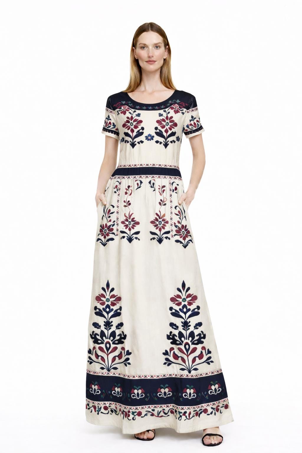 Ivory Floral Maxi Dress with Short Sleeves and Side Pockets A-Line Silhouette