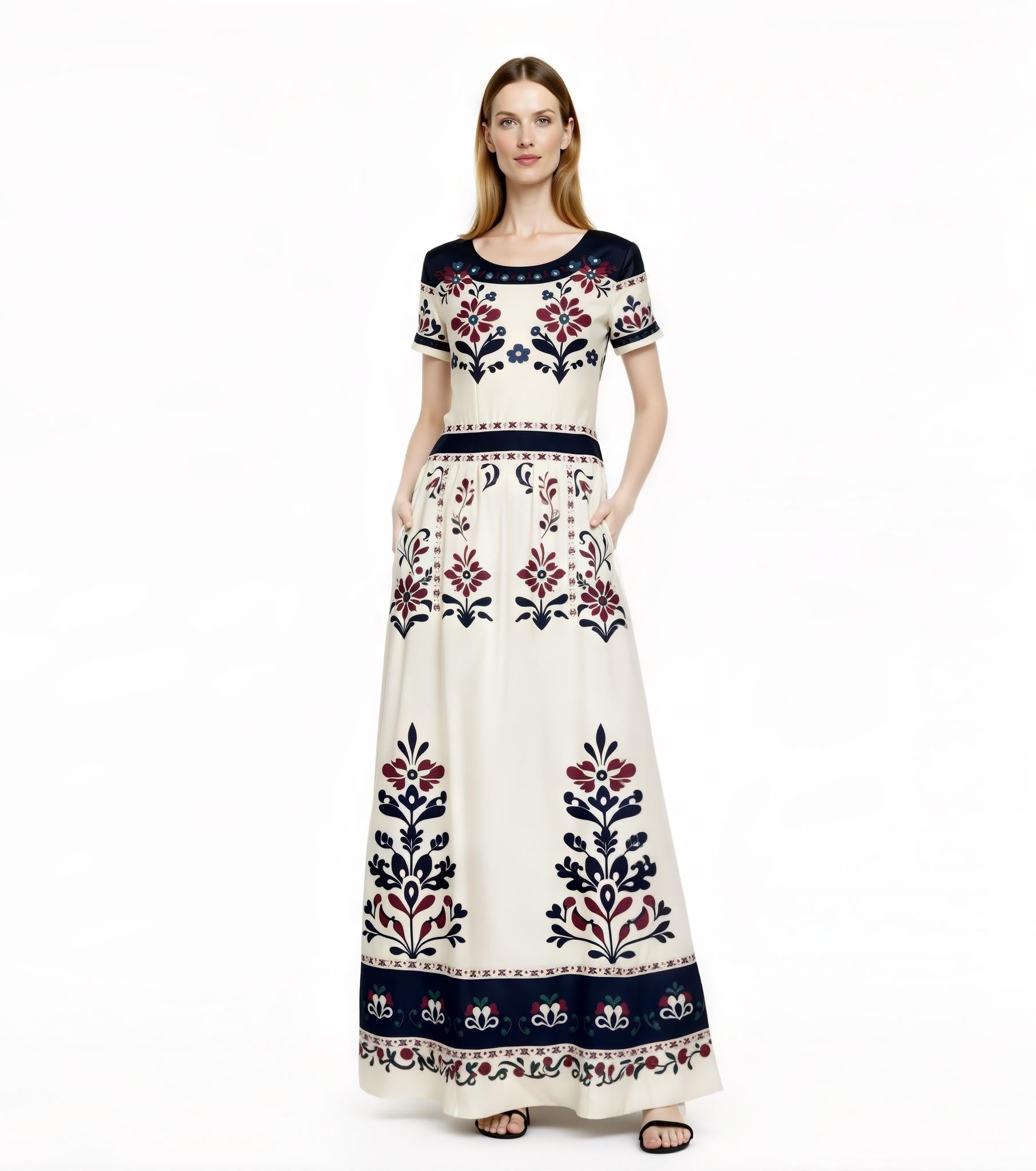 Ivory Floral Maxi Dress with Short Sleeves and Side Pockets A-Line Silhouette
